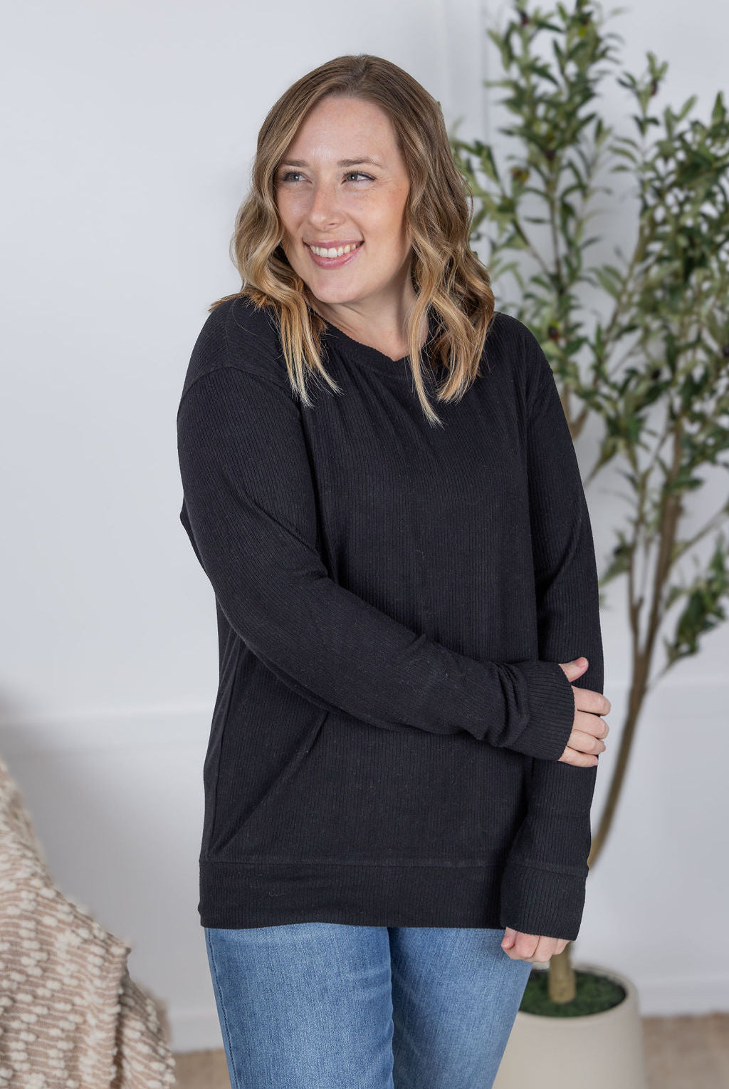IN STOCK Corrine Ribbed Pullover Top - Black-Pullover-Dear Me Southern Boutique, located in DeRidder, Louisiana