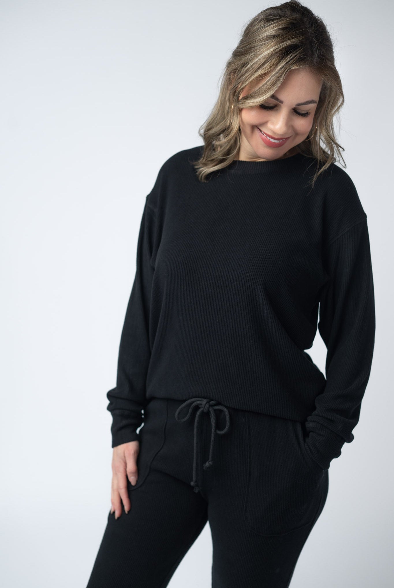 IN STOCK Corrine Ribbed Pullover Top - Black-Pullover-Dear Me Southern Boutique, located in DeRidder, Louisiana