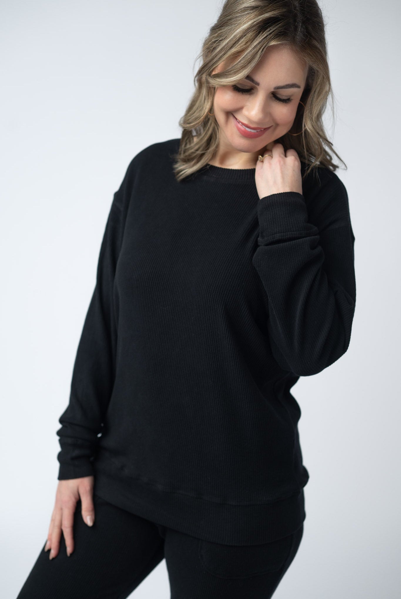 IN STOCK Corrine Ribbed Pullover Top - Black-Pullover-Dear Me Southern Boutique, located in DeRidder, Louisiana