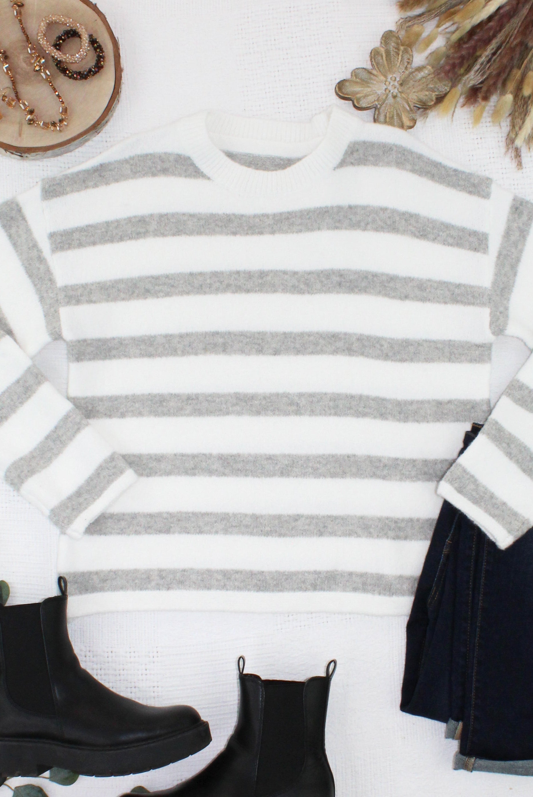 IN STOCK Cozy Stripe Sweater - Grey and White-Sweater-Dear Me Southern Boutique, located in DeRidder, Louisiana