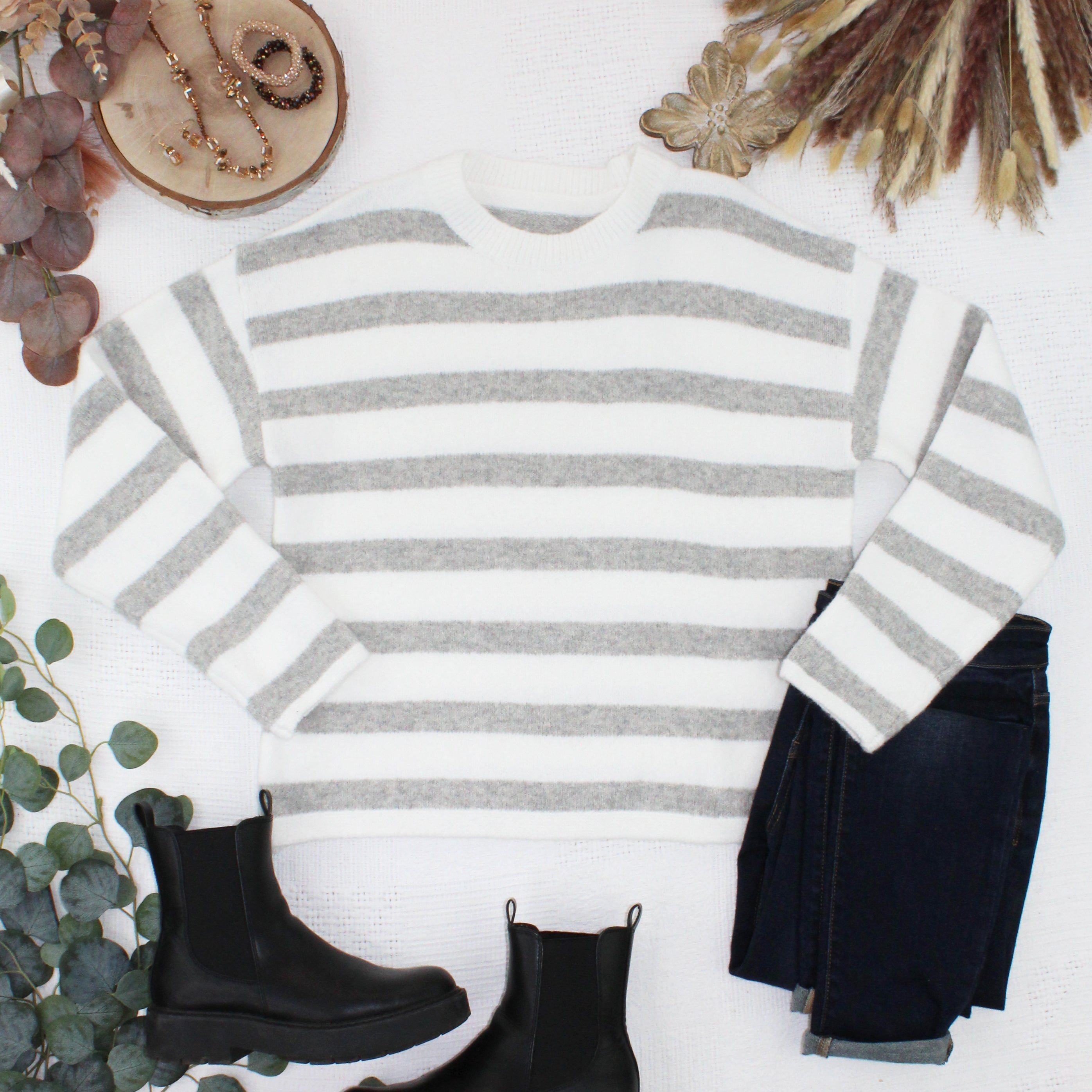 IN STOCK Cozy Stripe Sweater - Grey and White-Sweater-Dear Me Southern Boutique, located in DeRidder, Louisiana