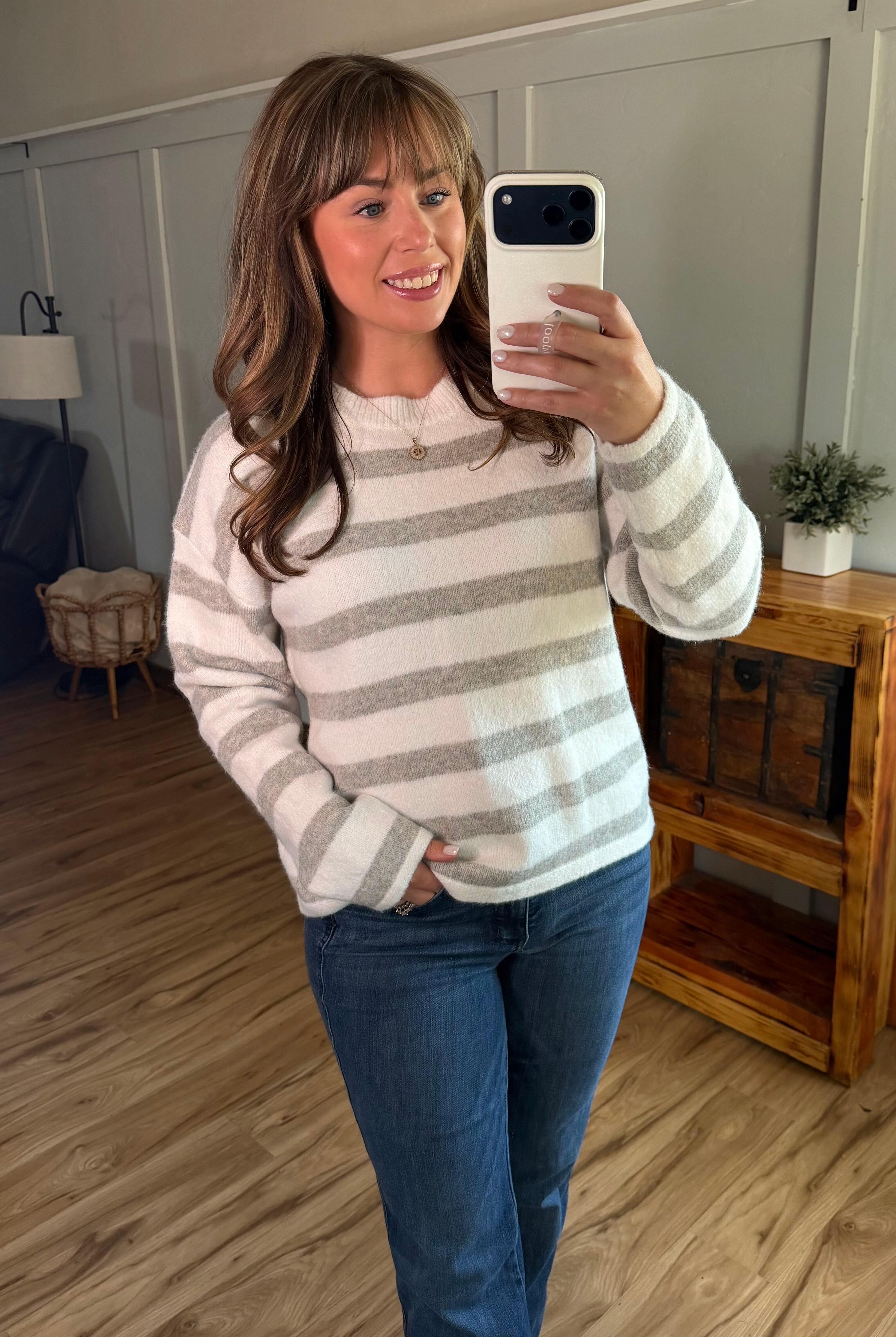 IN STOCK Cozy Stripe Sweater - Grey and White-Sweater-Dear Me Southern Boutique, located in DeRidder, Louisiana