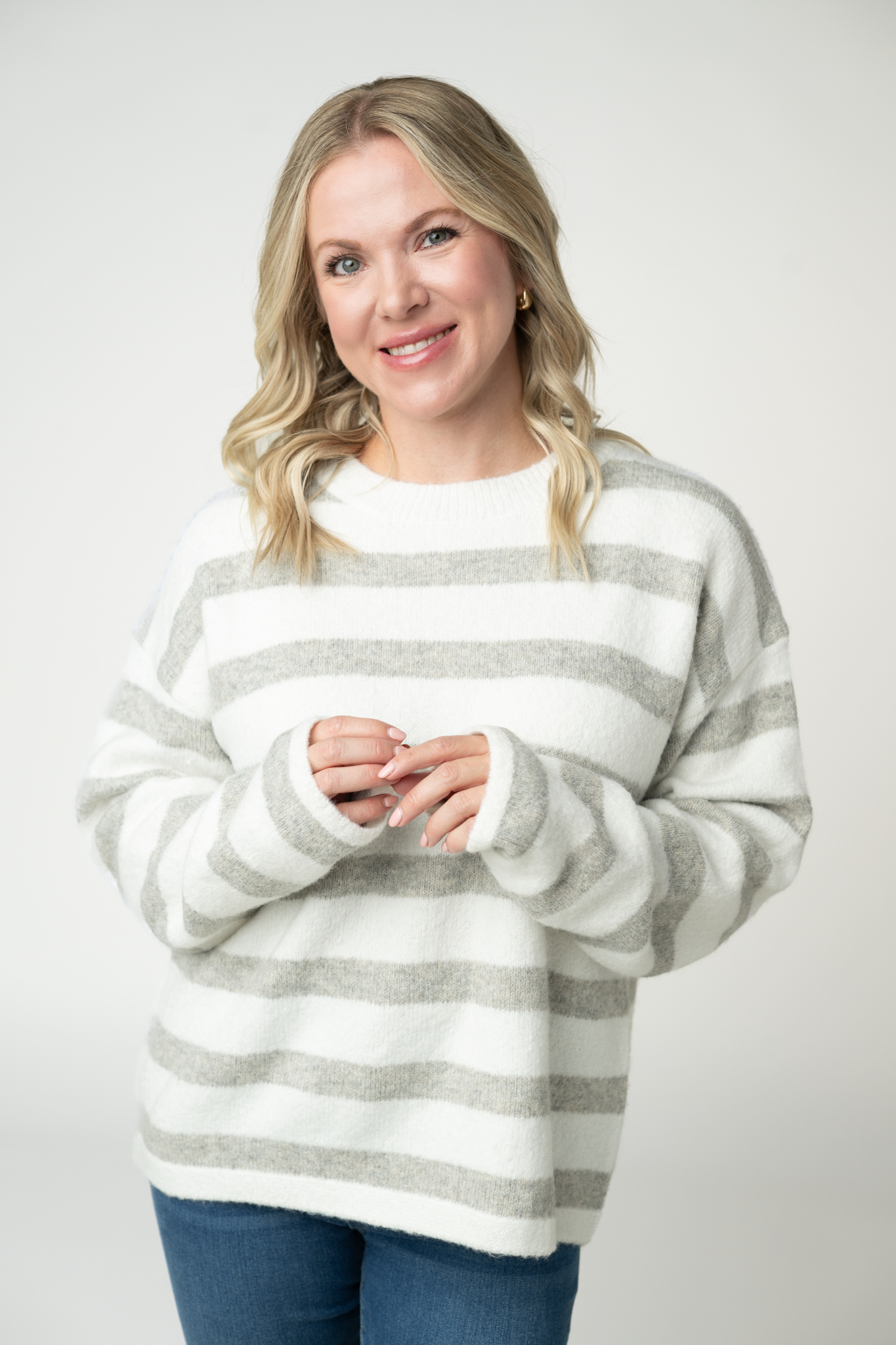 IN STOCK Cozy Stripe Sweater - Grey and White-Sweater-Dear Me Southern Boutique, located in DeRidder, Louisiana