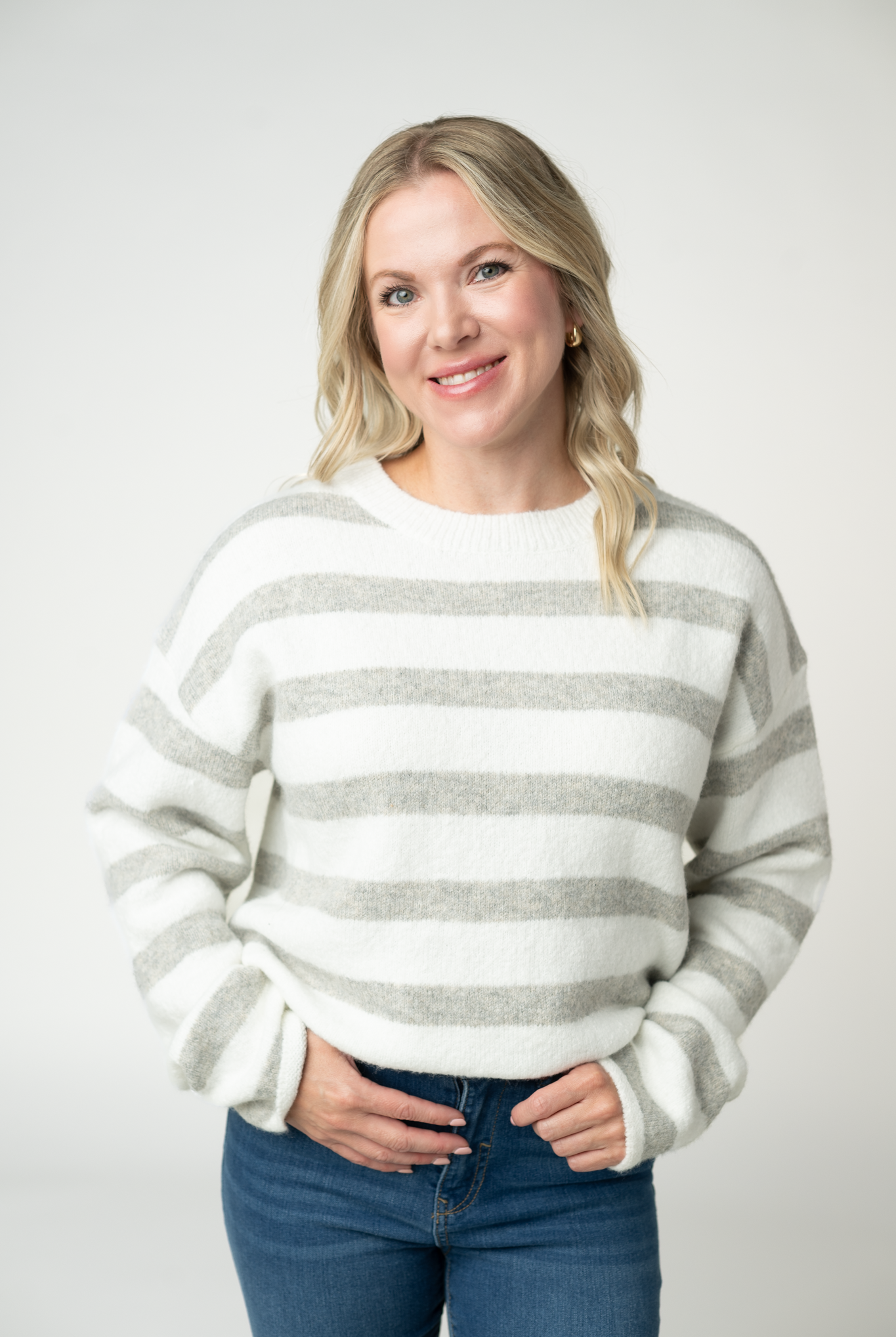 IN STOCK Cozy Stripe Sweater - Grey and White-Sweater-Dear Me Southern Boutique, located in DeRidder, Louisiana