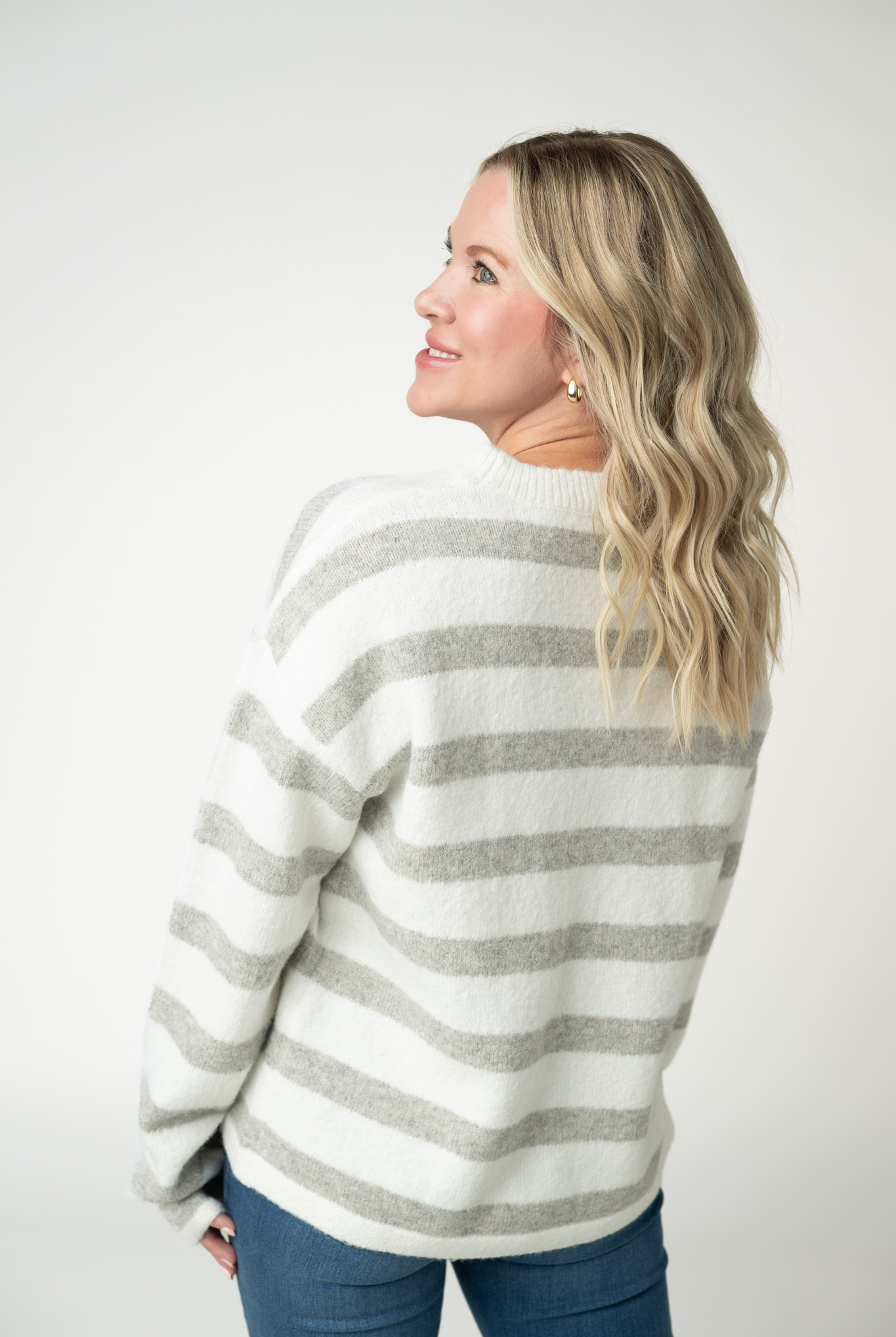 IN STOCK Cozy Stripe Sweater - Grey and White-Sweater-Dear Me Southern Boutique, located in DeRidder, Louisiana