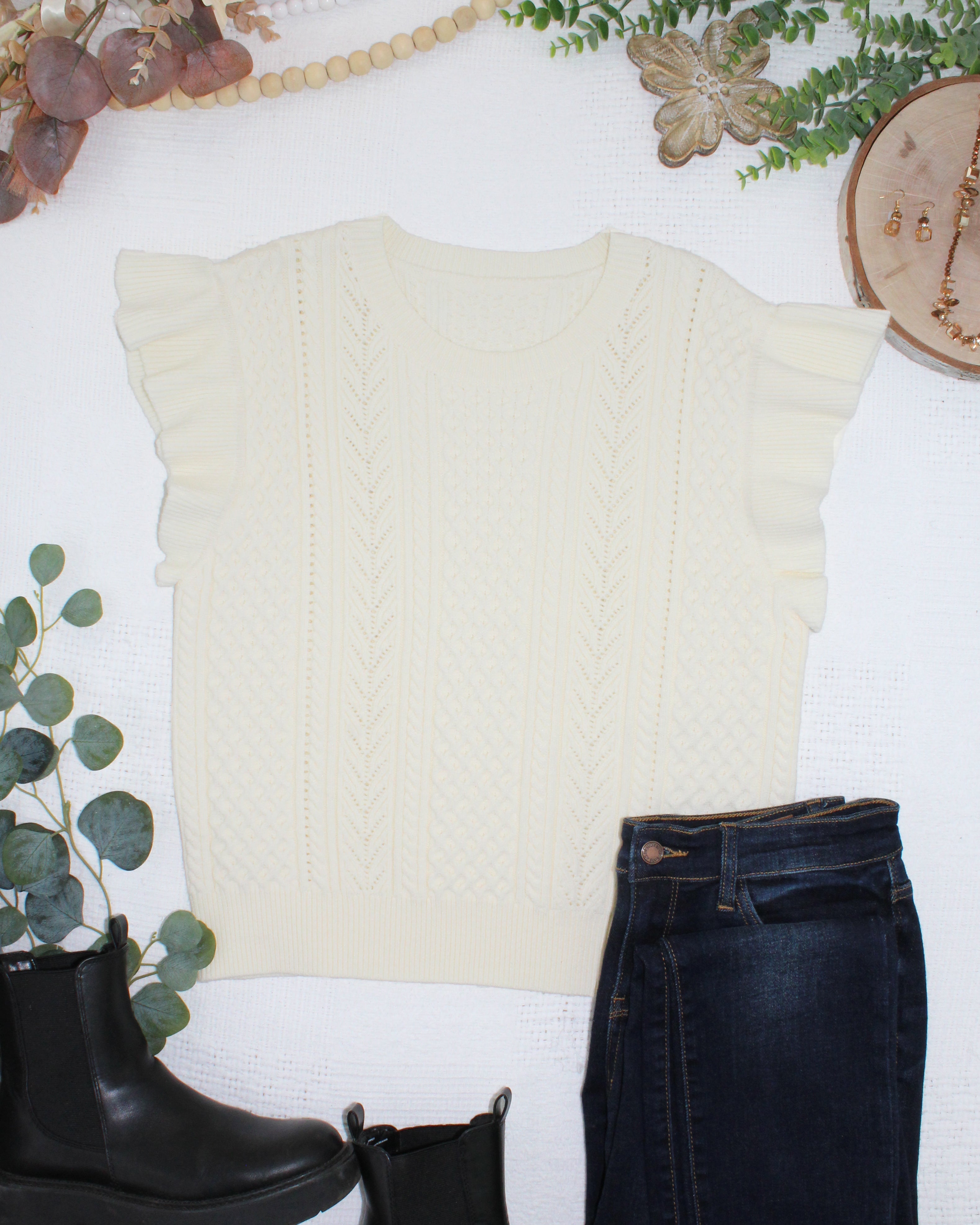 IN STOCK Felicity Flutter Sweater Top - Ivory-Tops-Dear Me Southern Boutique, located in DeRidder, Louisiana