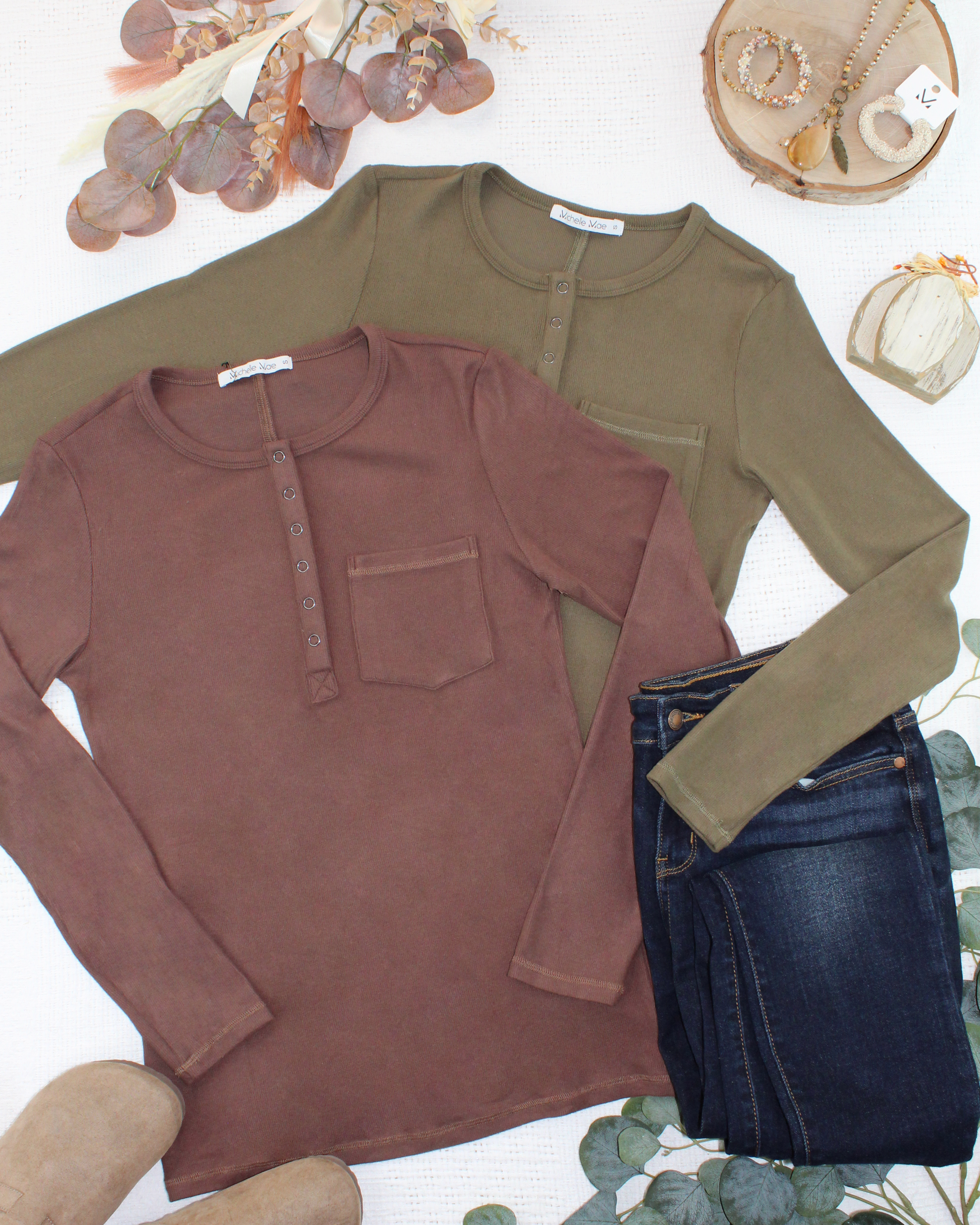 IN STOCK Georgia Long Sleeve Top - Brown-Tops-Dear Me Southern Boutique, located in DeRidder, Louisiana