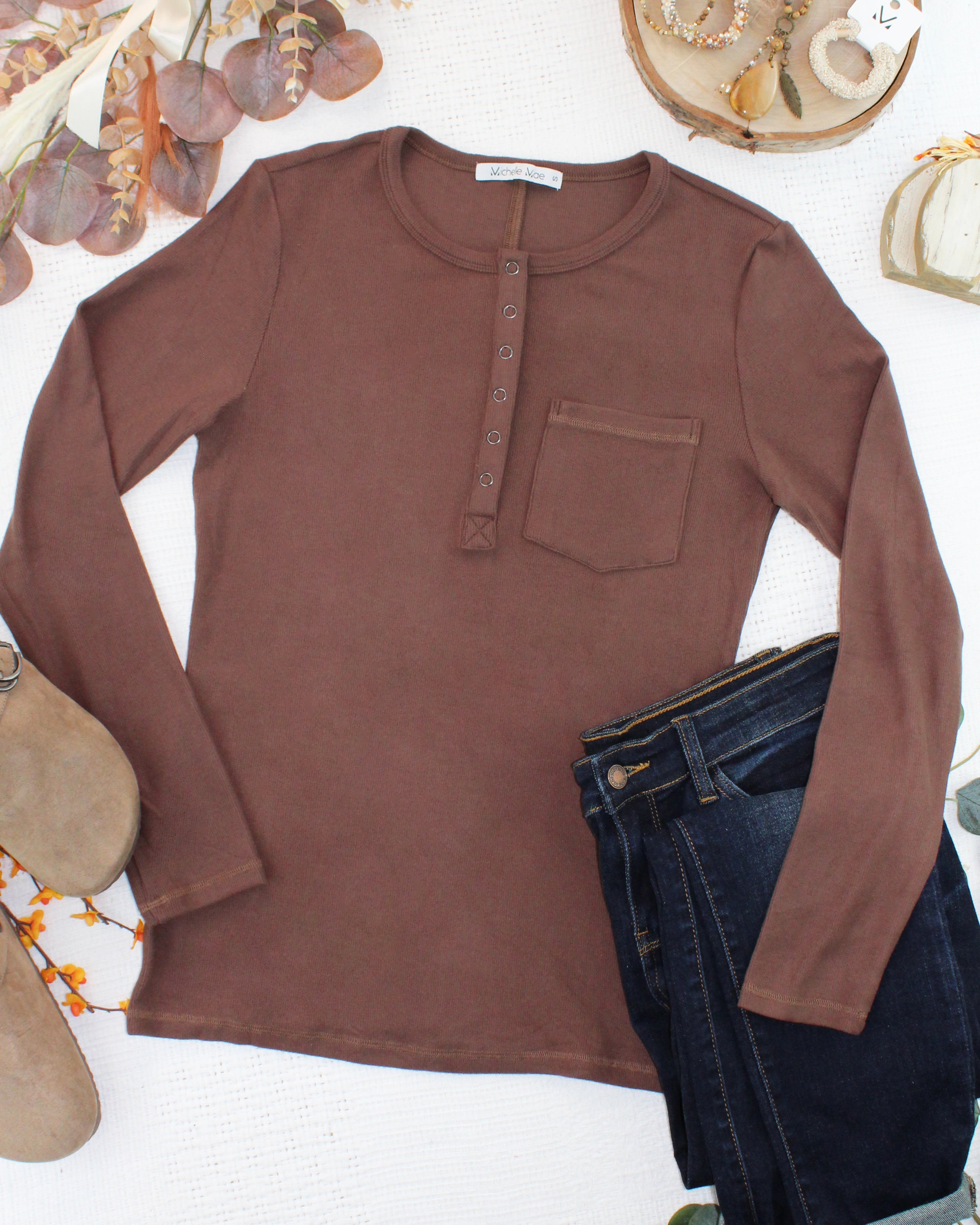 IN STOCK Georgia Long Sleeve Top - Brown-Tops-Dear Me Southern Boutique, located in DeRidder, Louisiana