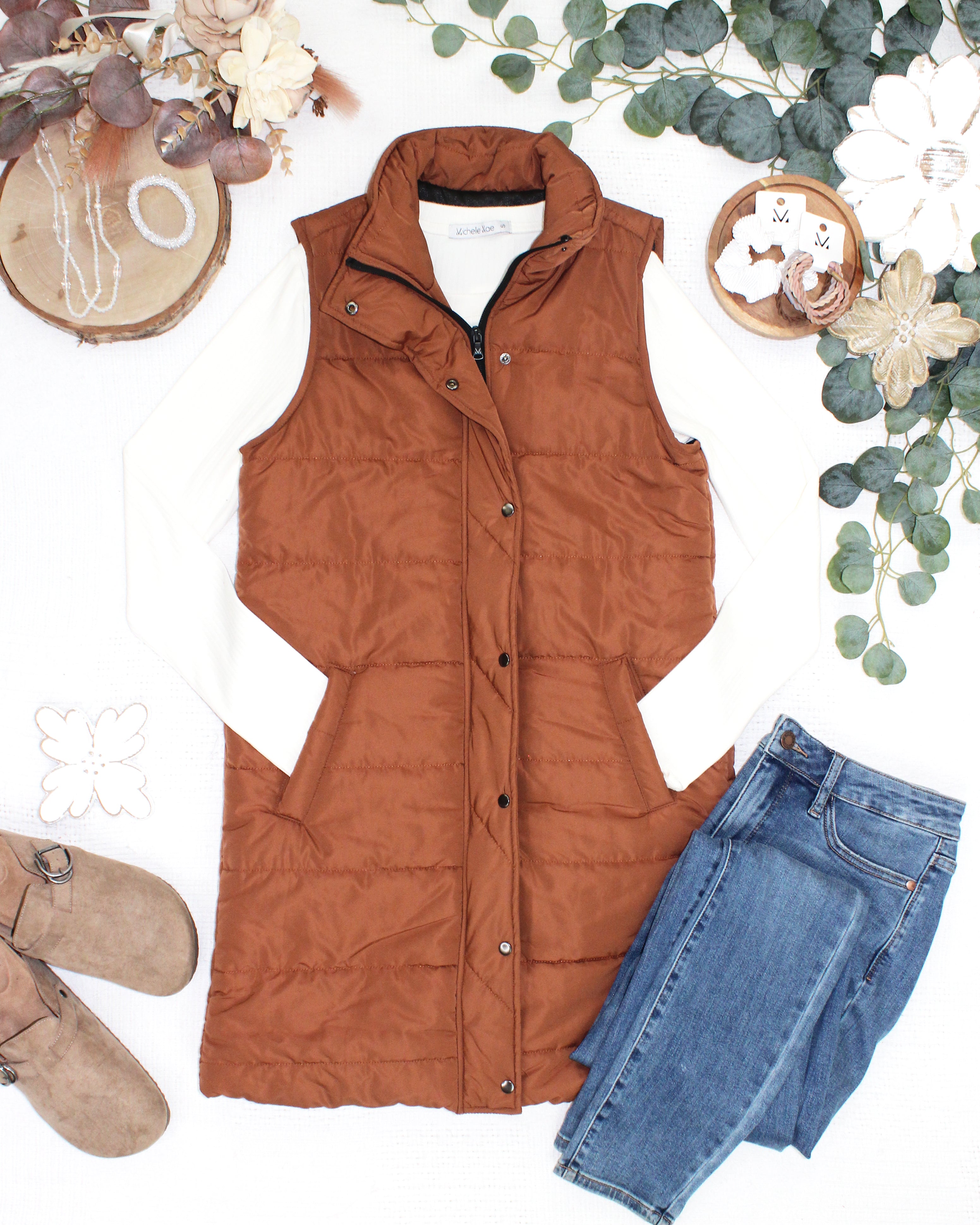 IN STOCK Harlow Long Vest - Cinnamon-clothing-Dear Me Southern Boutique, located in DeRidder, Louisiana