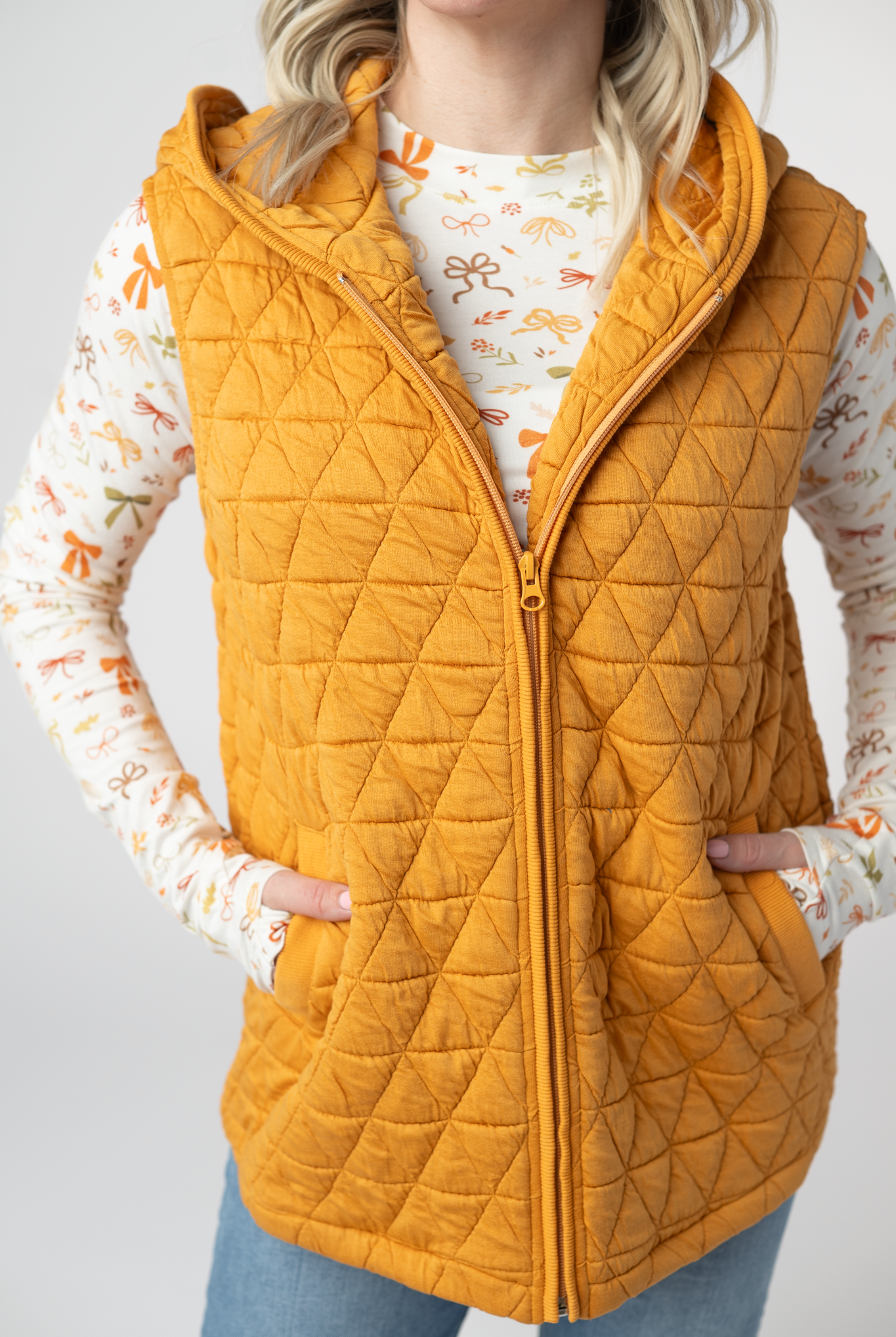 IN STOCK Heather Geometric Hooded Vest - Mustard-Vest-Dear Me Southern Boutique, located in DeRidder, Louisiana