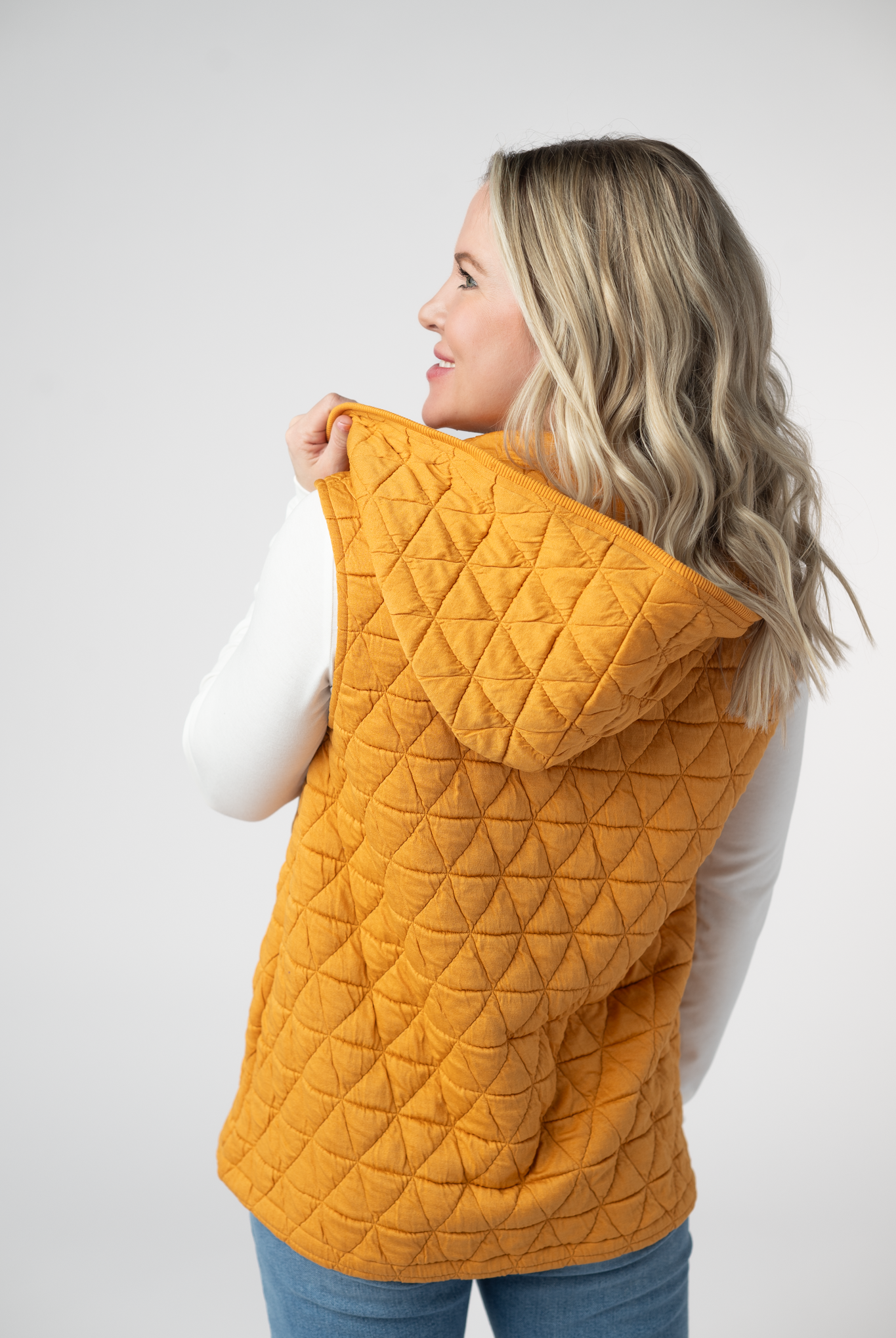 IN STOCK Heather Geometric Hooded Vest - Mustard-Vest-Dear Me Southern Boutique, located in DeRidder, Louisiana