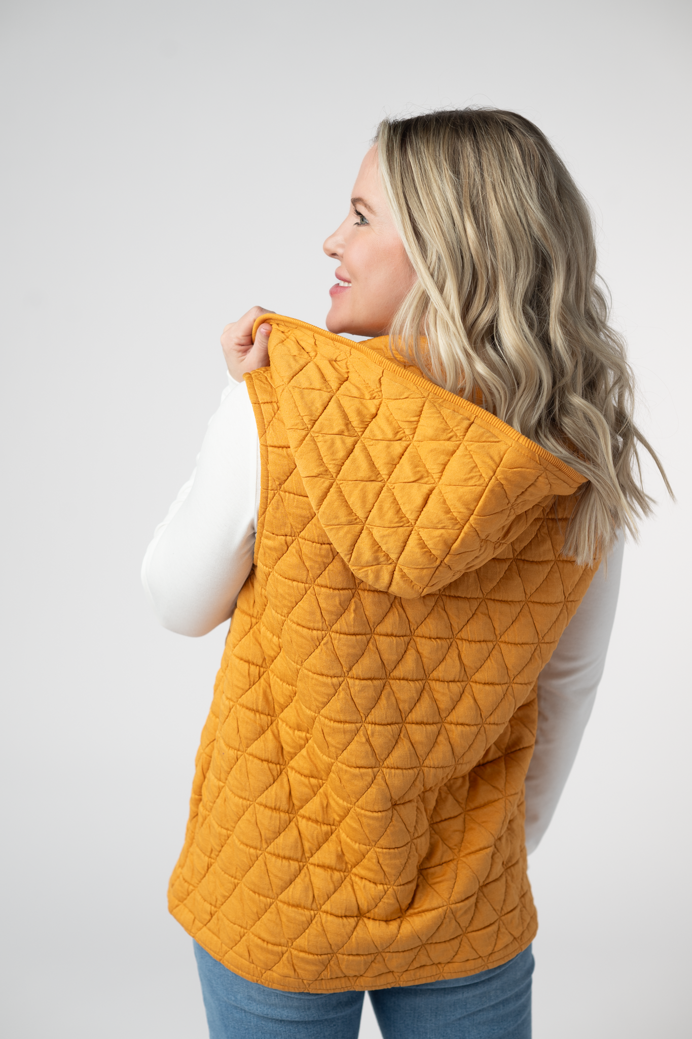 IN STOCK Heather Geometric Hooded Vest - Mustard-Vest-Dear Me Southern Boutique, located in DeRidder, Louisiana