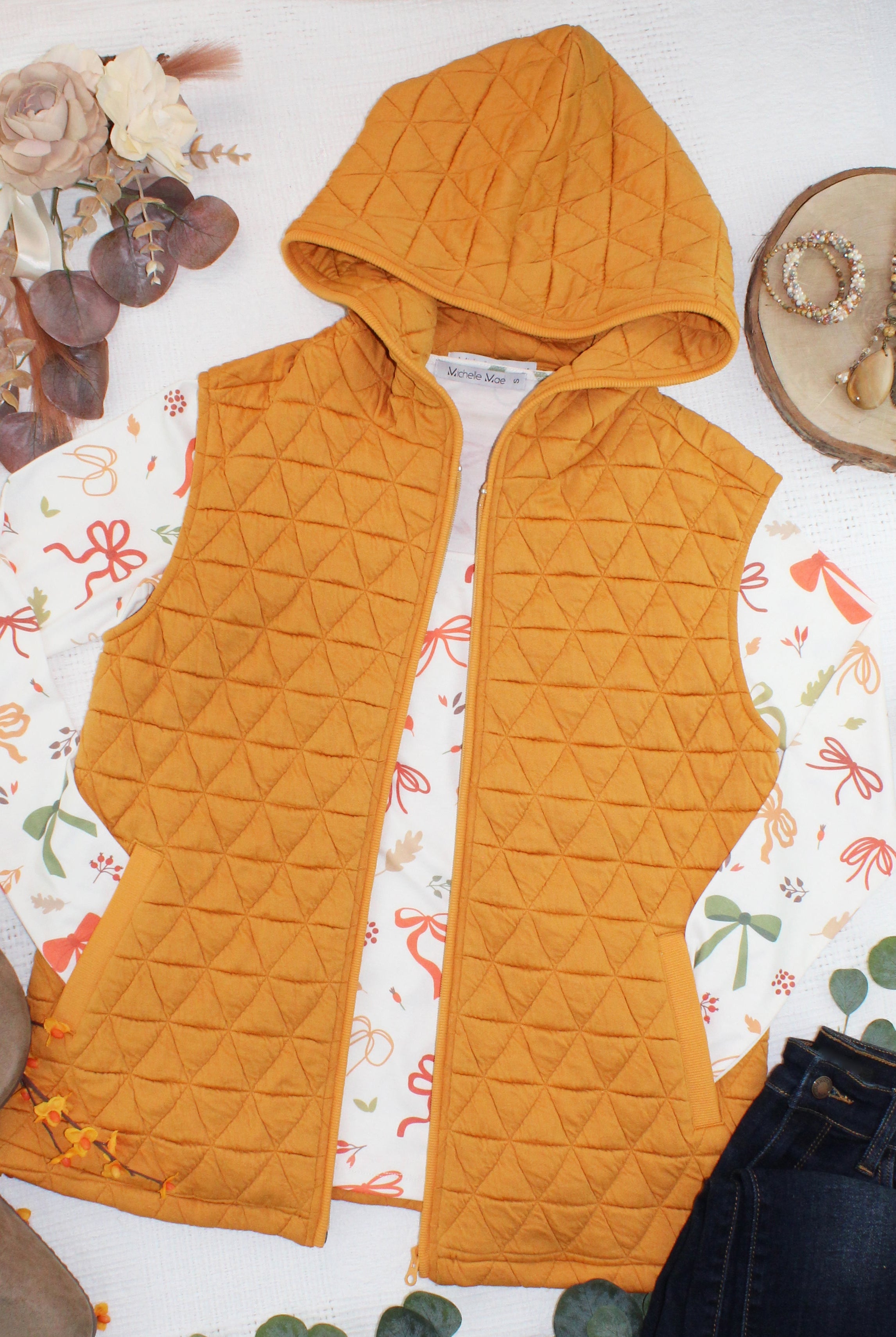 IN STOCK Heather Geometric Hooded Vest - Mustard-Vest-Dear Me Southern Boutique, located in DeRidder, Louisiana