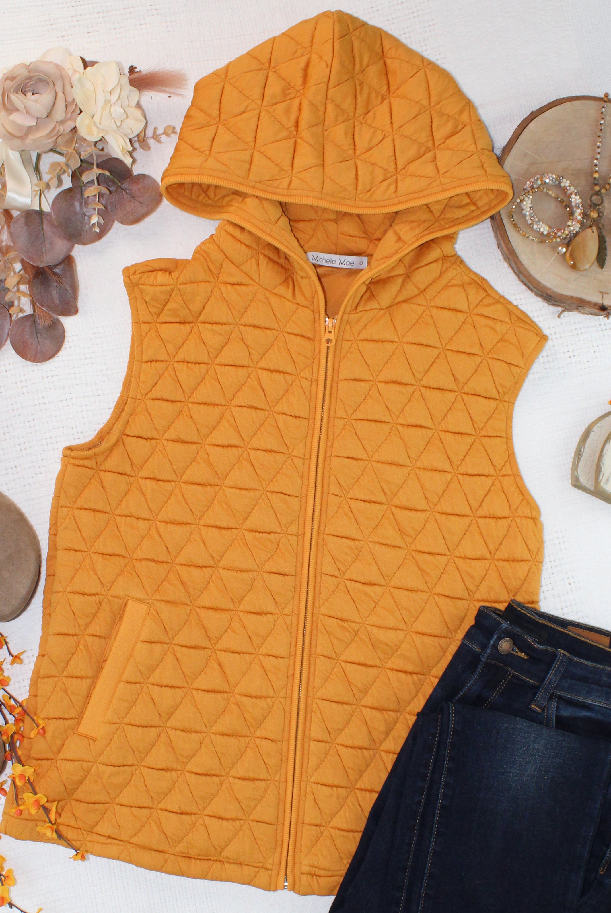 IN STOCK Heather Geometric Hooded Vest - Mustard-Vest-Dear Me Southern Boutique, located in DeRidder, Louisiana