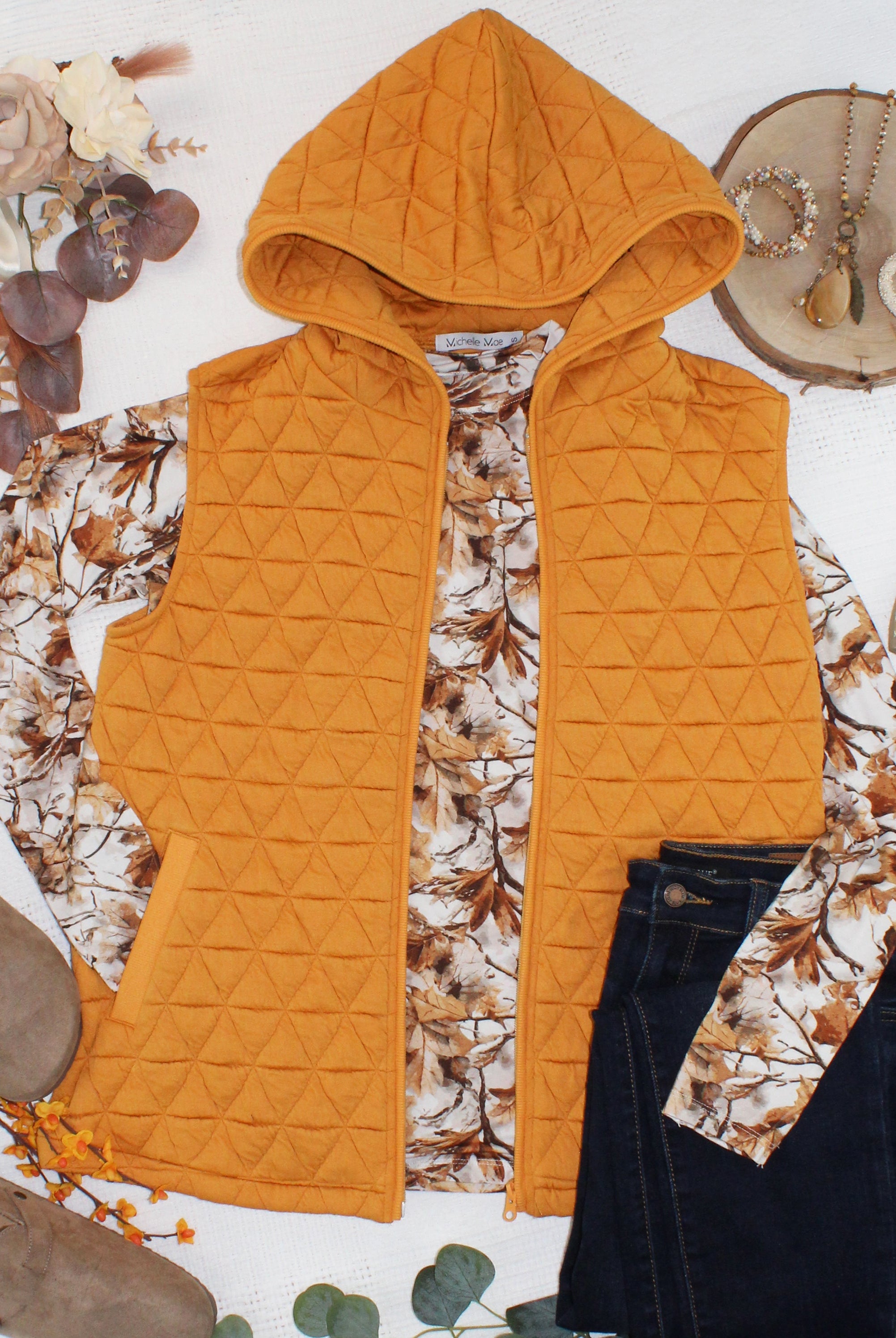 IN STOCK Heather Geometric Hooded Vest - Mustard-Vest-Dear Me Southern Boutique, located in DeRidder, Louisiana