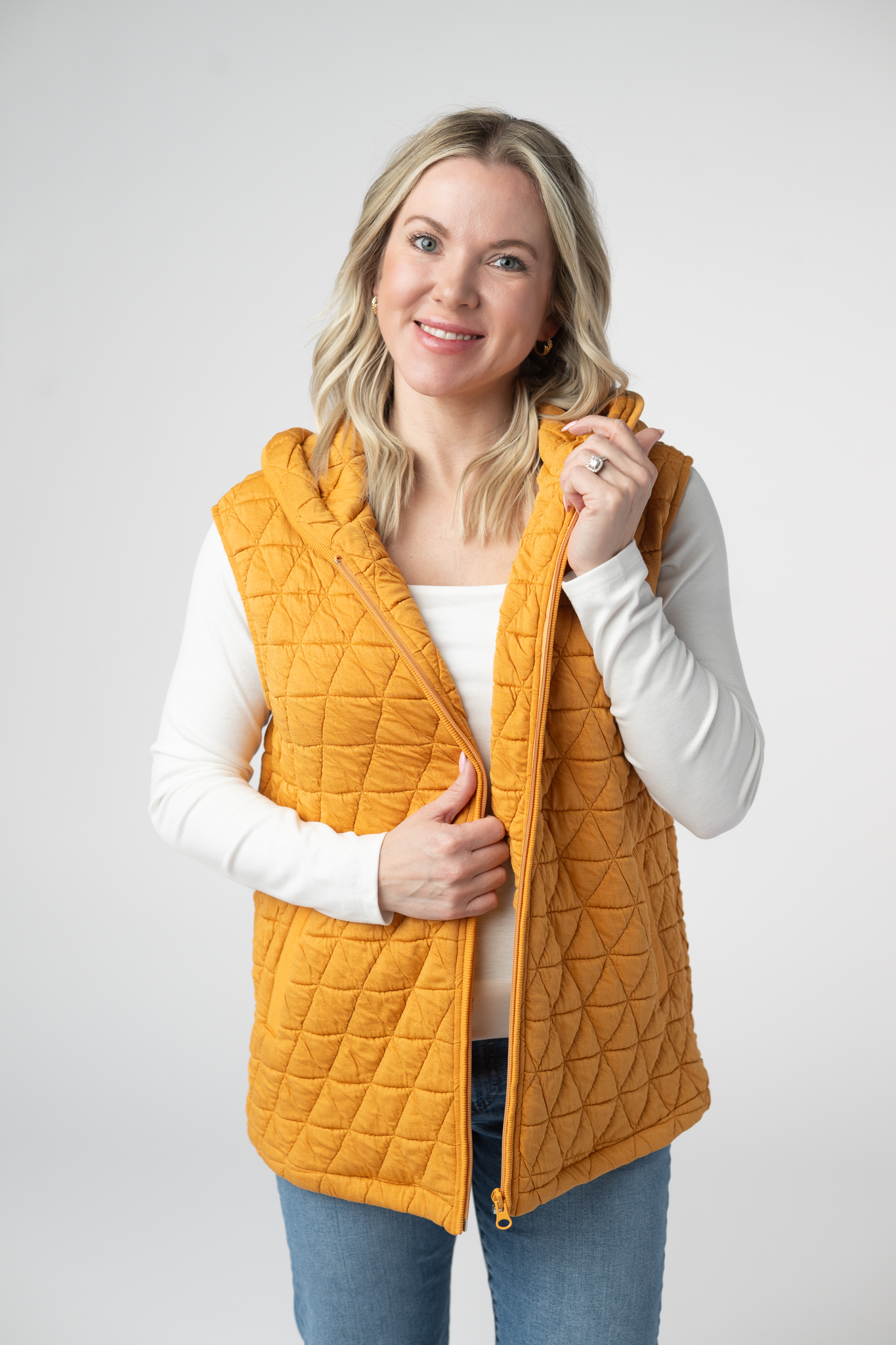 IN STOCK Heather Geometric Hooded Vest - Mustard-Vest-Dear Me Southern Boutique, located in DeRidder, Louisiana