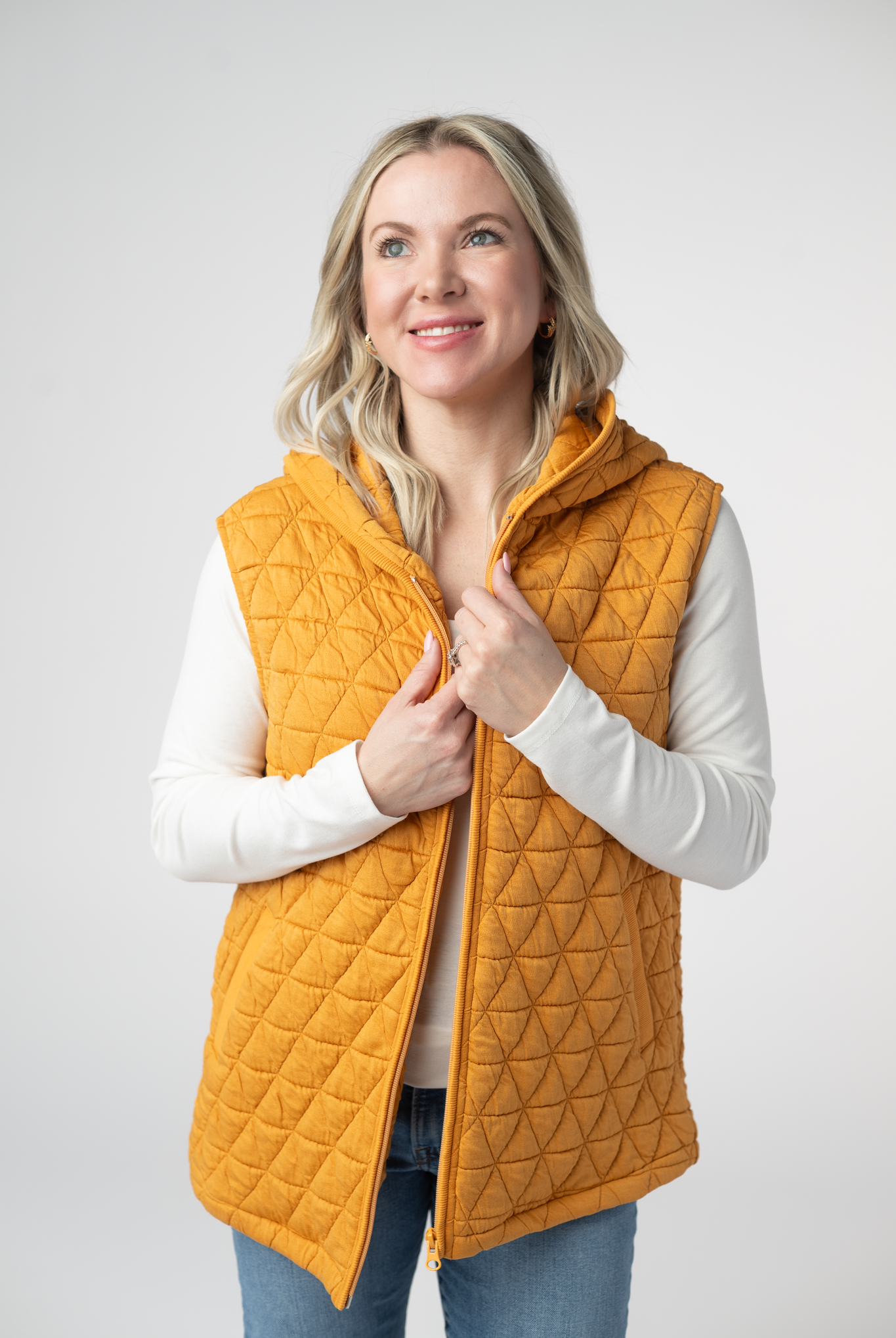 IN STOCK Heather Geometric Hooded Vest - Mustard-Vest-Dear Me Southern Boutique, located in DeRidder, Louisiana