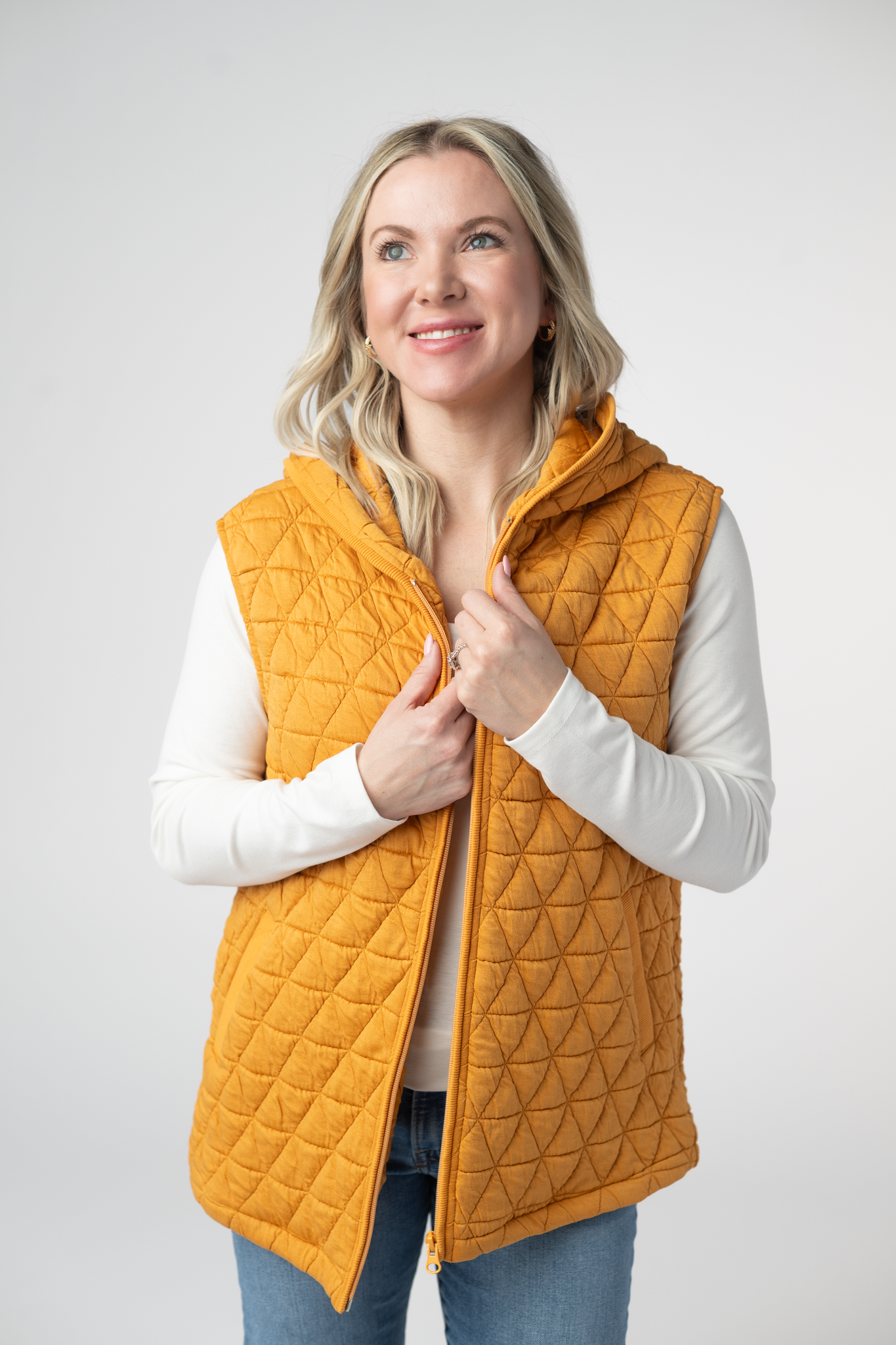 IN STOCK Heather Geometric Hooded Vest - Mustard-Vest-Dear Me Southern Boutique, located in DeRidder, Louisiana