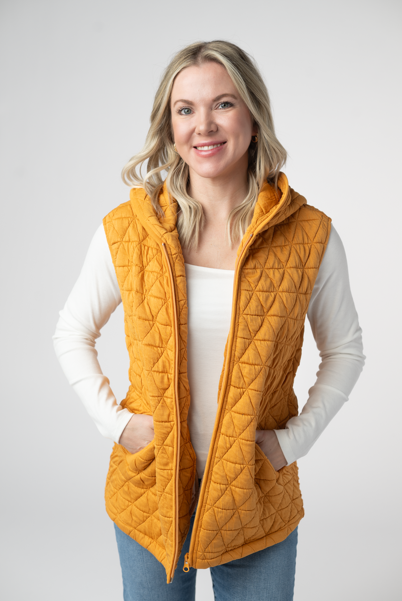 IN STOCK Heather Geometric Hooded Vest - Mustard-Vest-Dear Me Southern Boutique, located in DeRidder, Louisiana