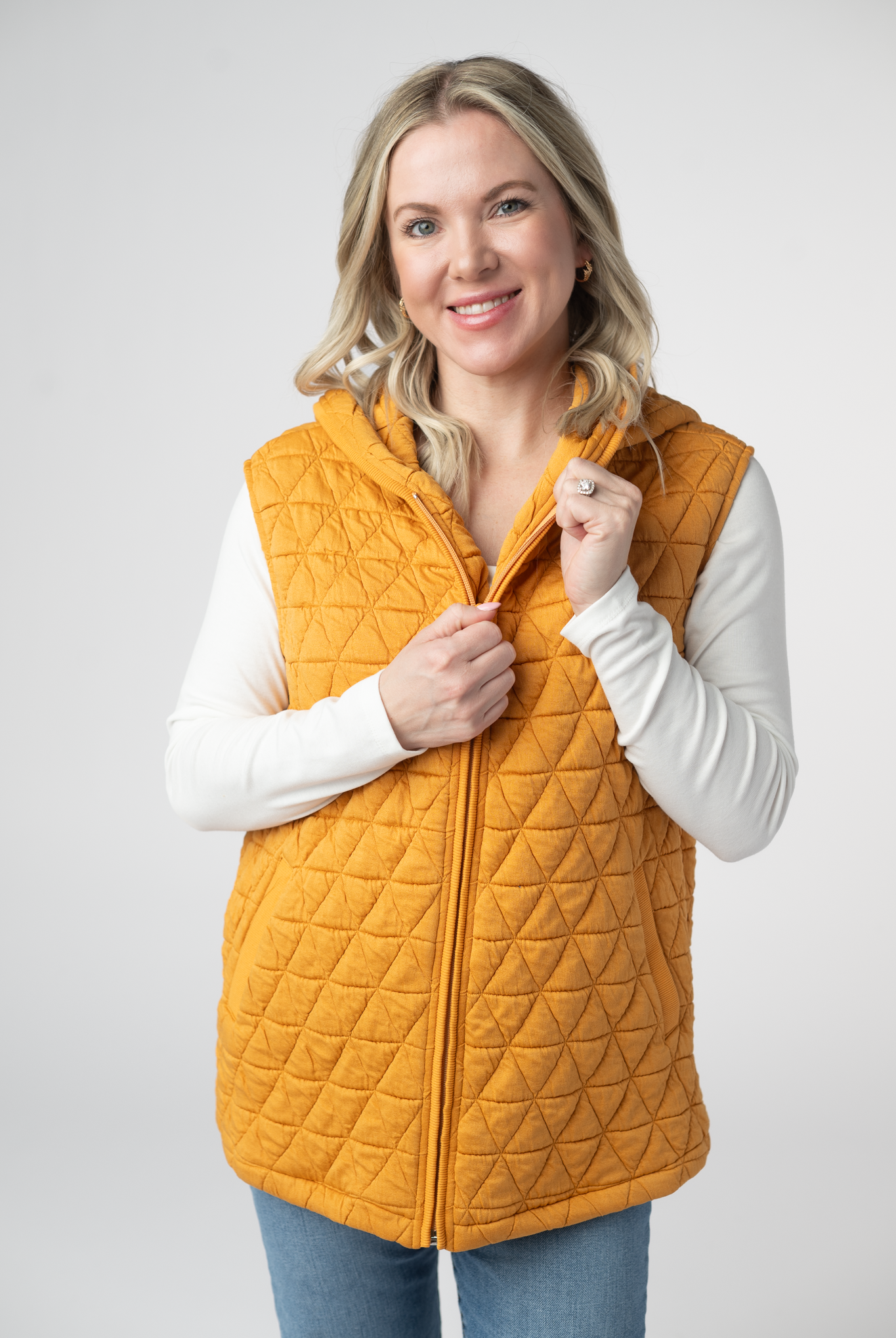 IN STOCK Heather Geometric Hooded Vest - Mustard-Vest-Dear Me Southern Boutique, located in DeRidder, Louisiana