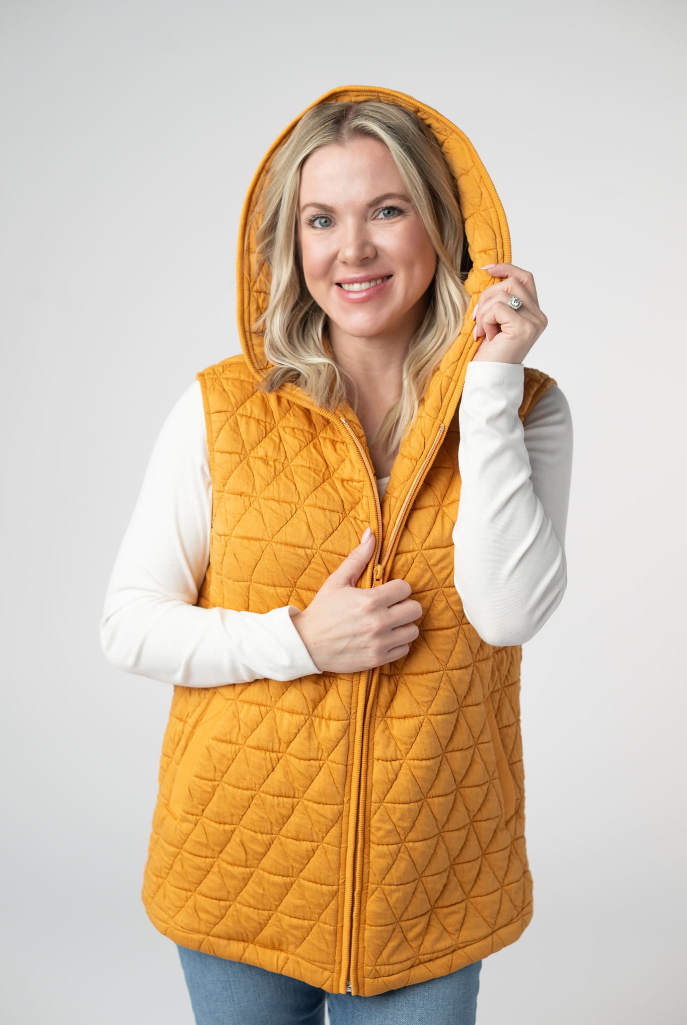 IN STOCK Heather Geometric Hooded Vest - Mustard-Vest-Dear Me Southern Boutique, located in DeRidder, Louisiana