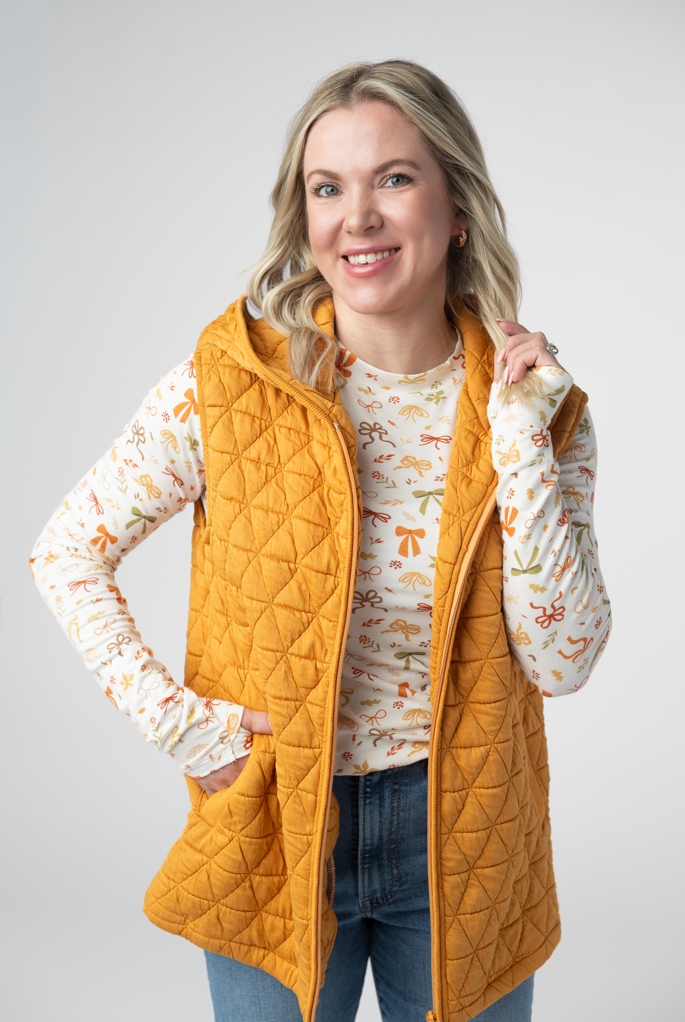 IN STOCK Heather Geometric Hooded Vest - Mustard-Vest-Dear Me Southern Boutique, located in DeRidder, Louisiana