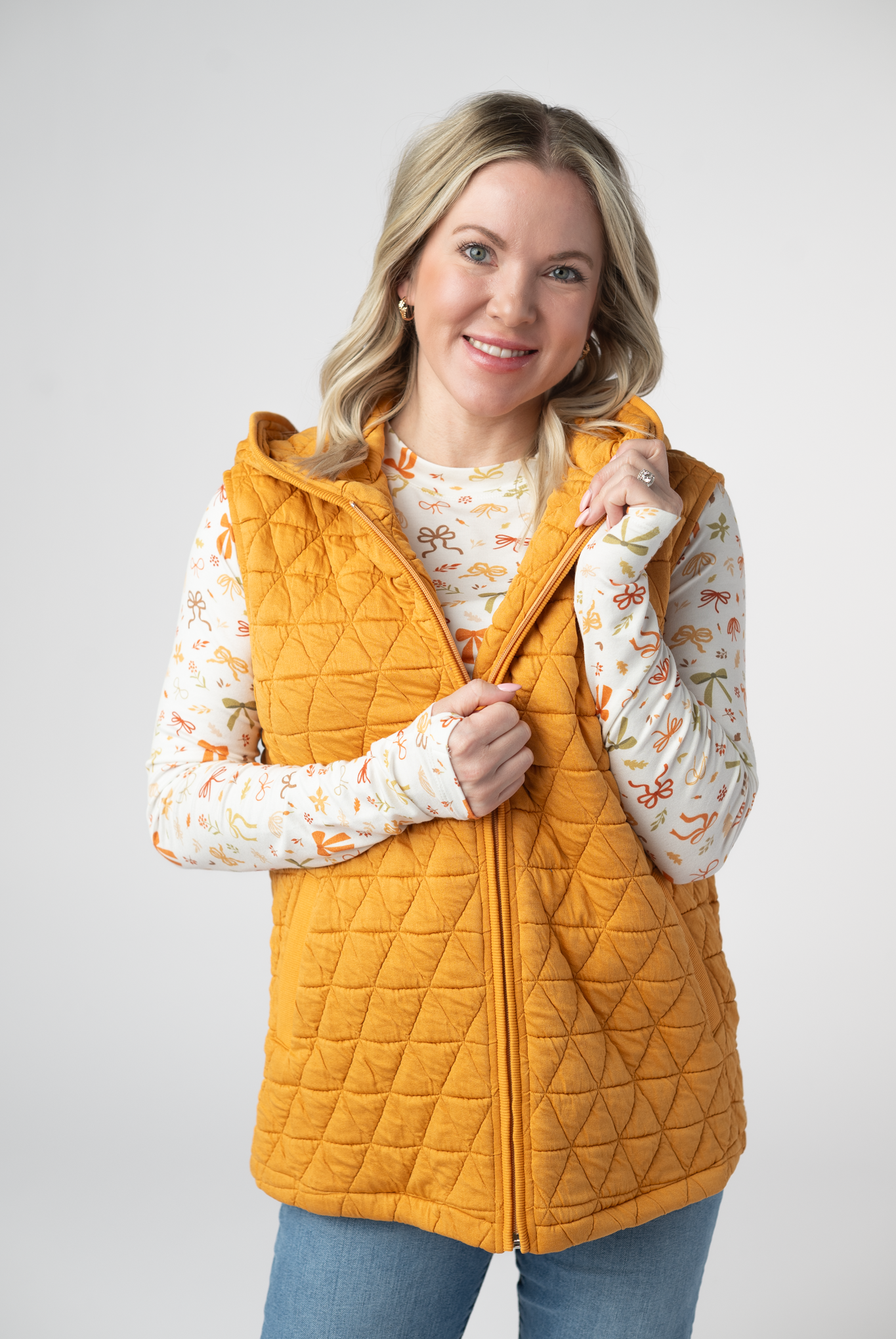 IN STOCK Heather Geometric Hooded Vest - Mustard-Vest-Dear Me Southern Boutique, located in DeRidder, Louisiana