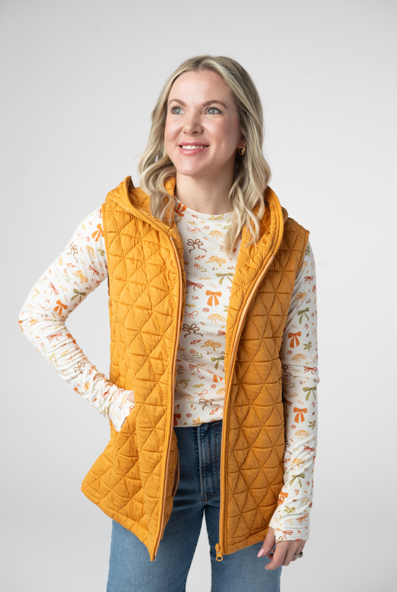 IN STOCK Heather Geometric Hooded Vest - Mustard-Vest-Dear Me Southern Boutique, located in DeRidder, Louisiana