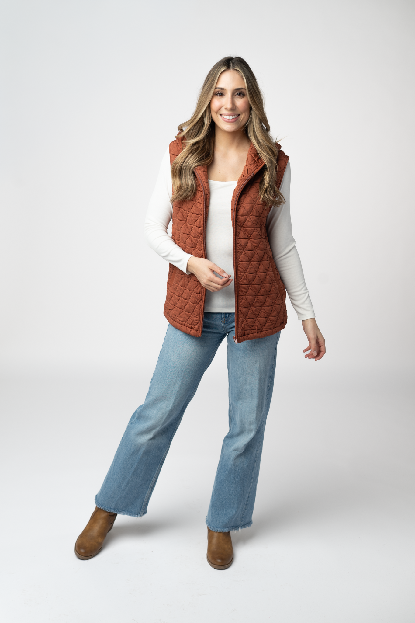 IN STOCK Heather Geometric Hooded Vest - Rust-Vest-Dear Me Southern Boutique, located in DeRidder, Louisiana