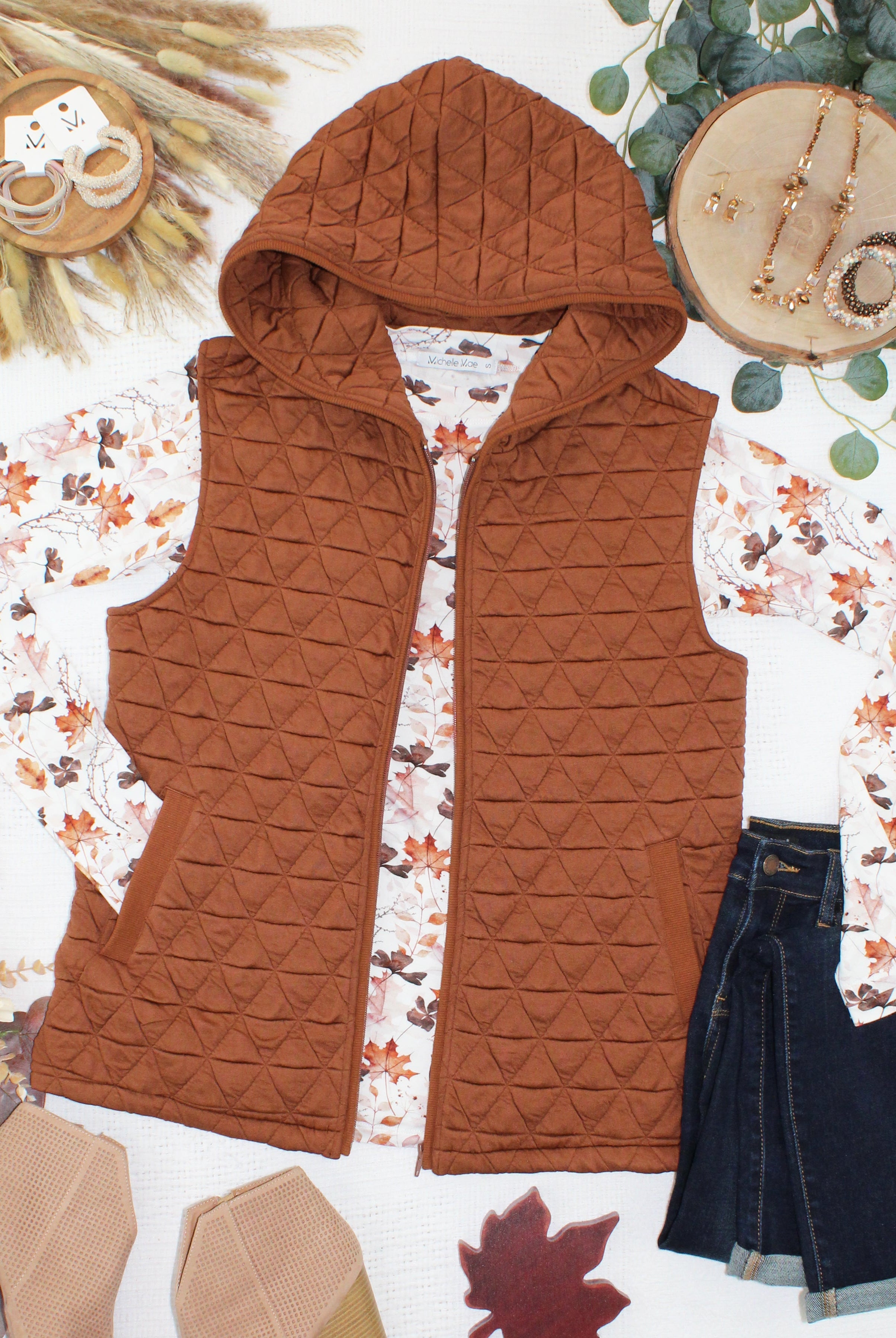 IN STOCK Heather Geometric Hooded Vest - Rust-Vest-Dear Me Southern Boutique, located in DeRidder, Louisiana