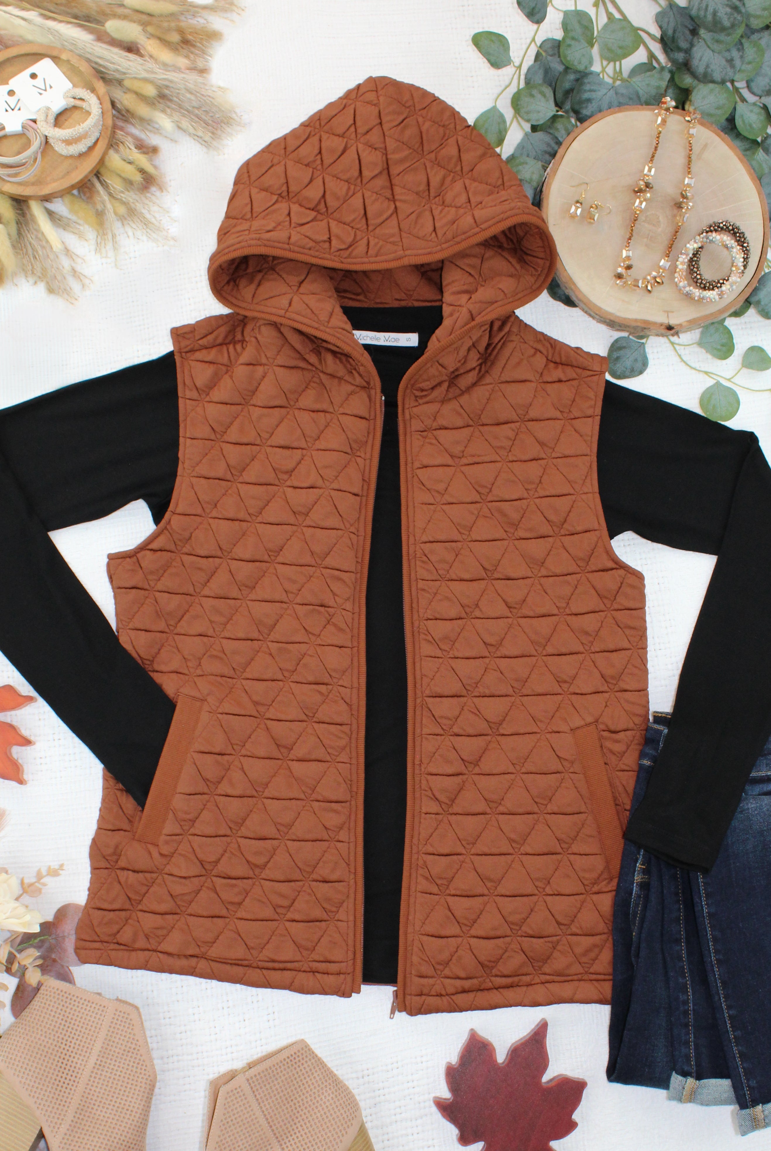 IN STOCK Heather Geometric Hooded Vest - Rust-Vest-Dear Me Southern Boutique, located in DeRidder, Louisiana