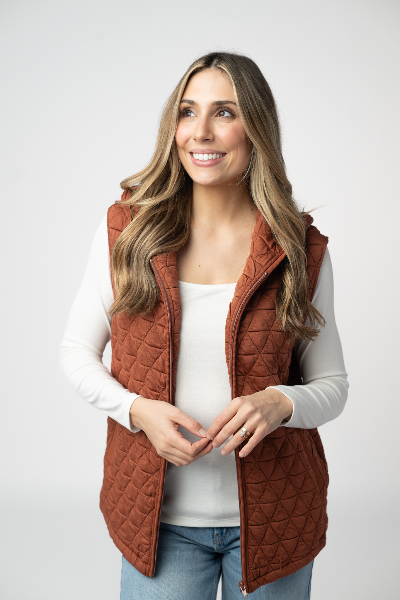 IN STOCK Heather Geometric Hooded Vest - Rust-Vest-Dear Me Southern Boutique, located in DeRidder, Louisiana