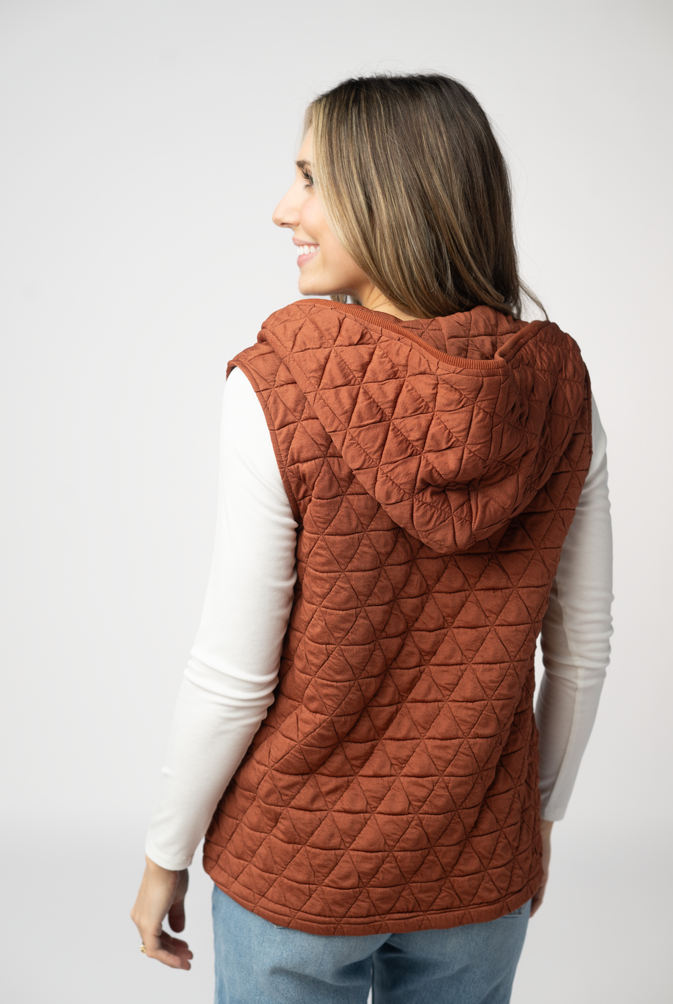 IN STOCK Heather Geometric Hooded Vest - Rust-Vest-Dear Me Southern Boutique, located in DeRidder, Louisiana