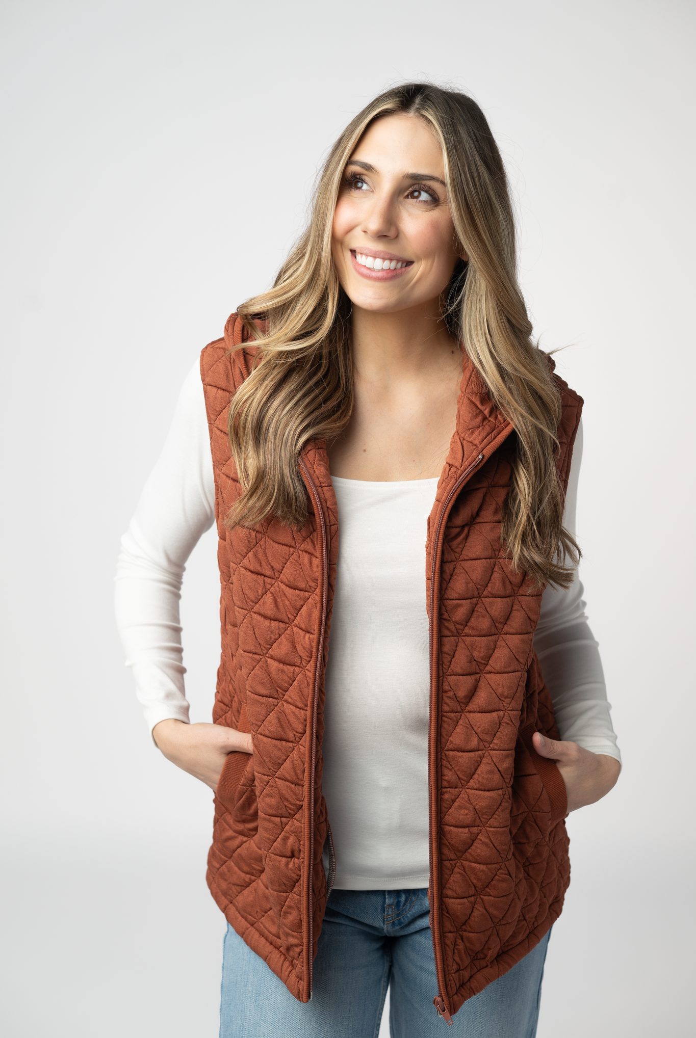 IN STOCK Heather Geometric Hooded Vest - Rust-Vest-Dear Me Southern Boutique, located in DeRidder, Louisiana