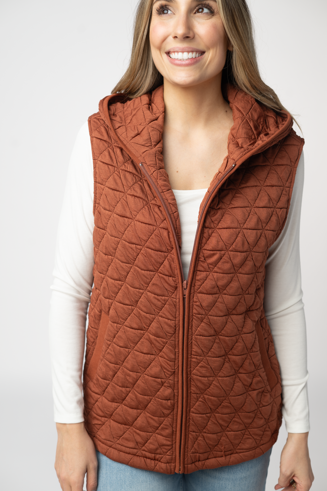 IN STOCK Heather Geometric Hooded Vest - Rust-Vest-Dear Me Southern Boutique, located in DeRidder, Louisiana