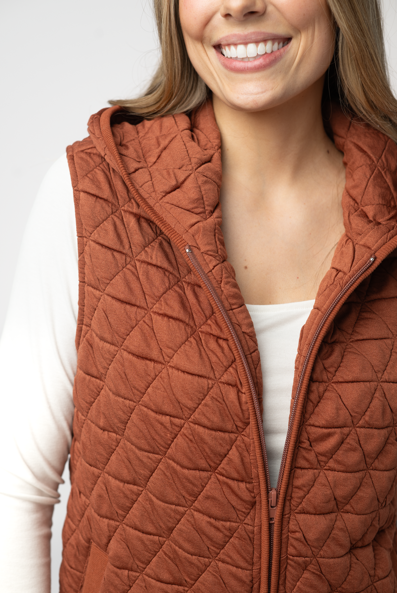 IN STOCK Heather Geometric Hooded Vest - Rust-Vest-Dear Me Southern Boutique, located in DeRidder, Louisiana