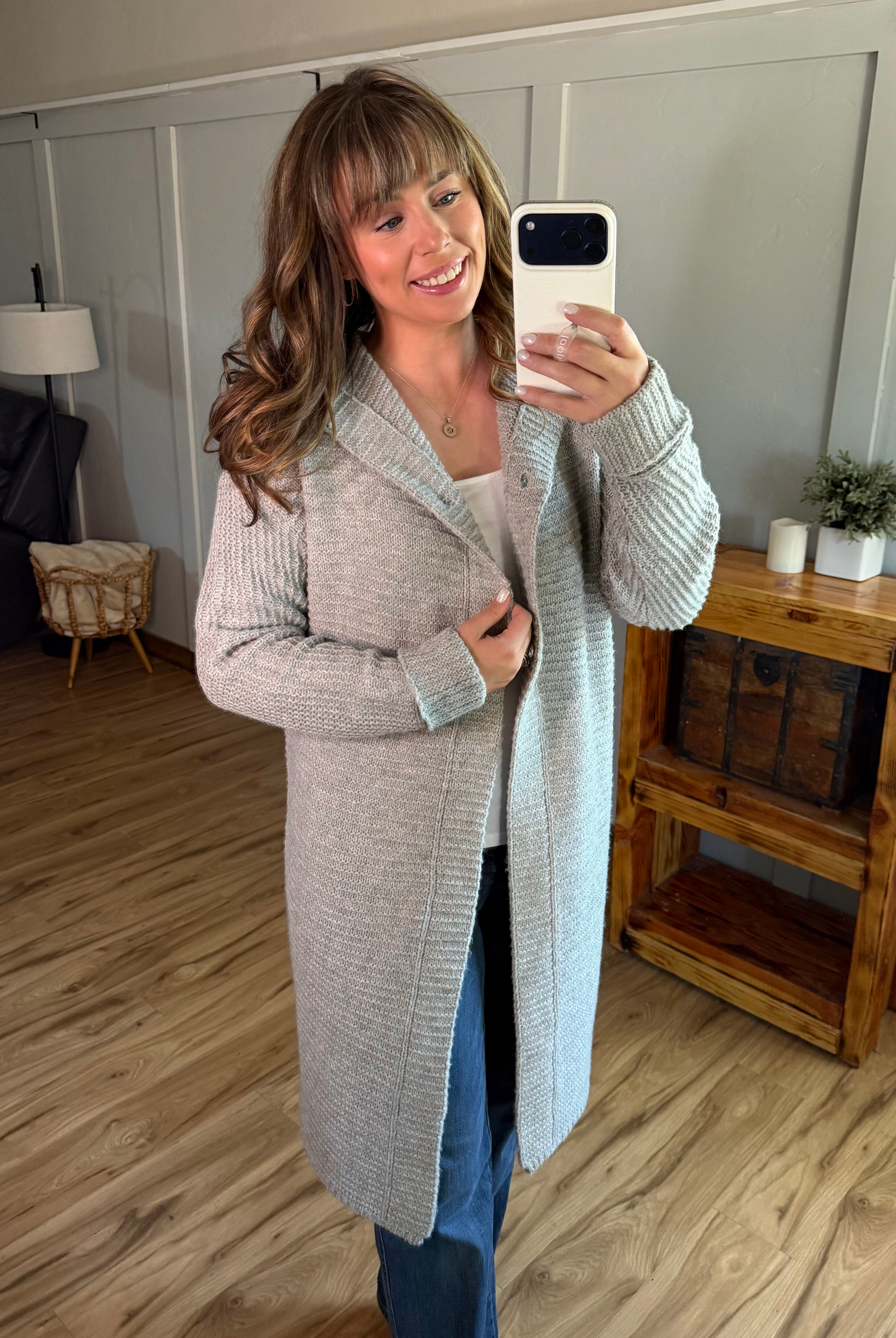 IN STOCK Lillian Long Hooded Cardigan - Grey-Cardigan-Dear Me Southern Boutique, located in DeRidder, Louisiana