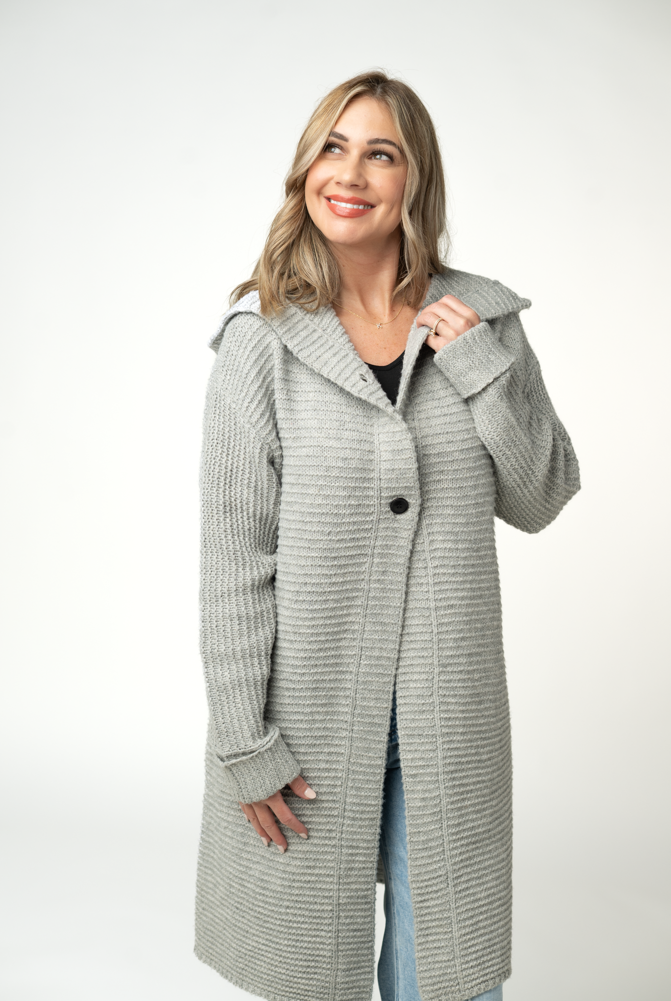 IN STOCK Lillian Long Hooded Cardigan - Grey-Cardigan-Dear Me Southern Boutique, located in DeRidder, Louisiana