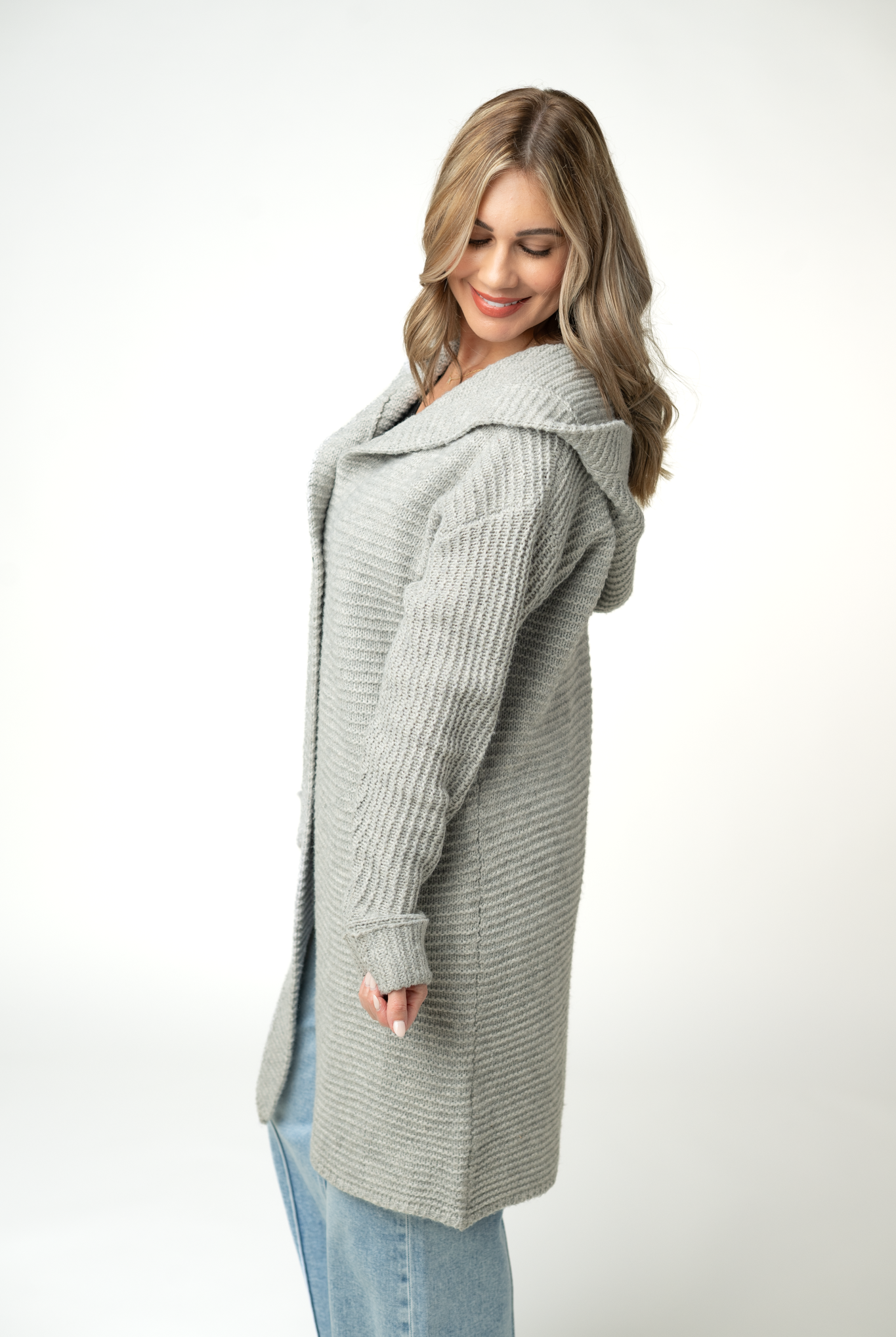 IN STOCK Lillian Long Hooded Cardigan - Grey-Cardigan-Dear Me Southern Boutique, located in DeRidder, Louisiana