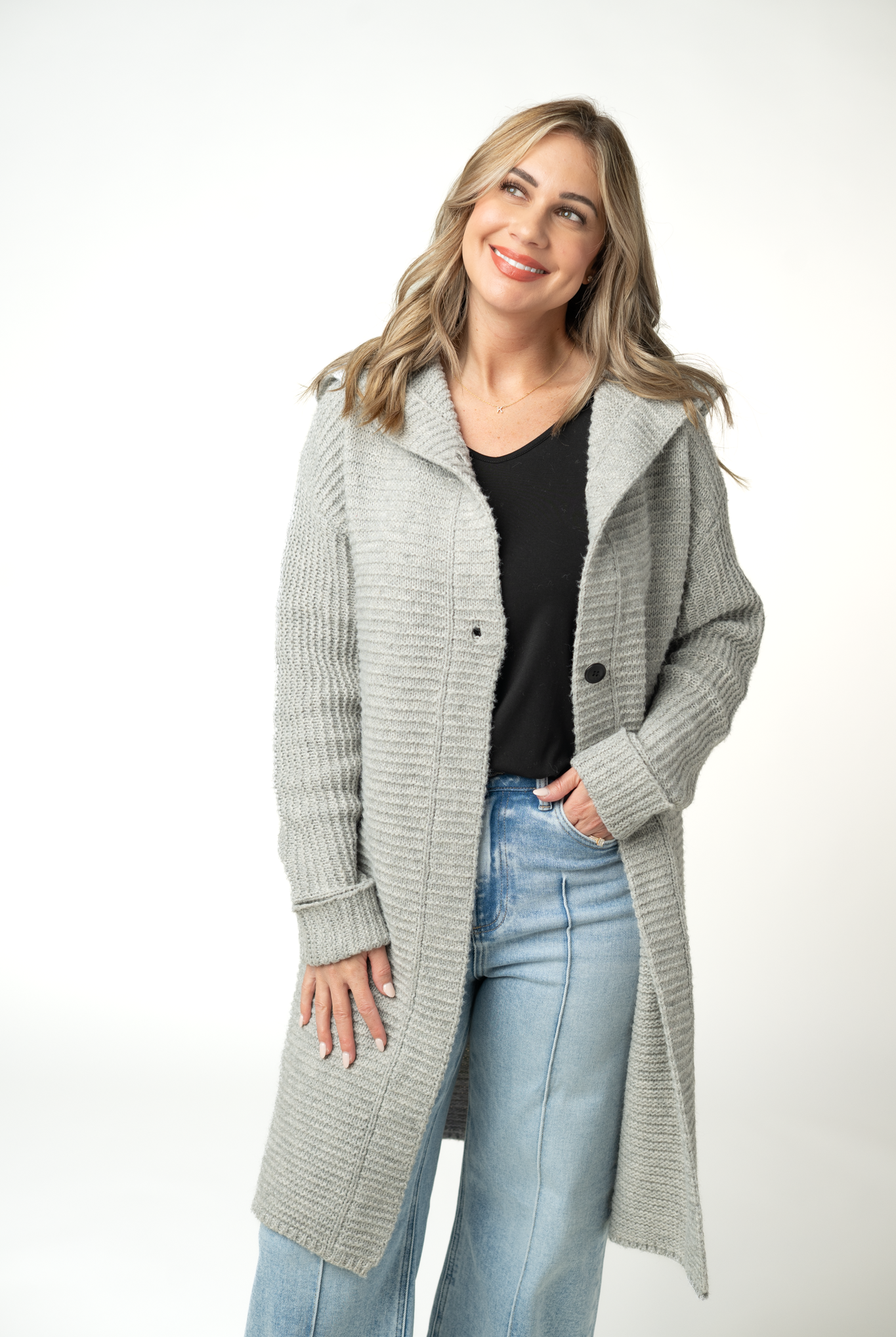 IN STOCK Lillian Long Hooded Cardigan - Grey-Cardigan-Dear Me Southern Boutique, located in DeRidder, Louisiana