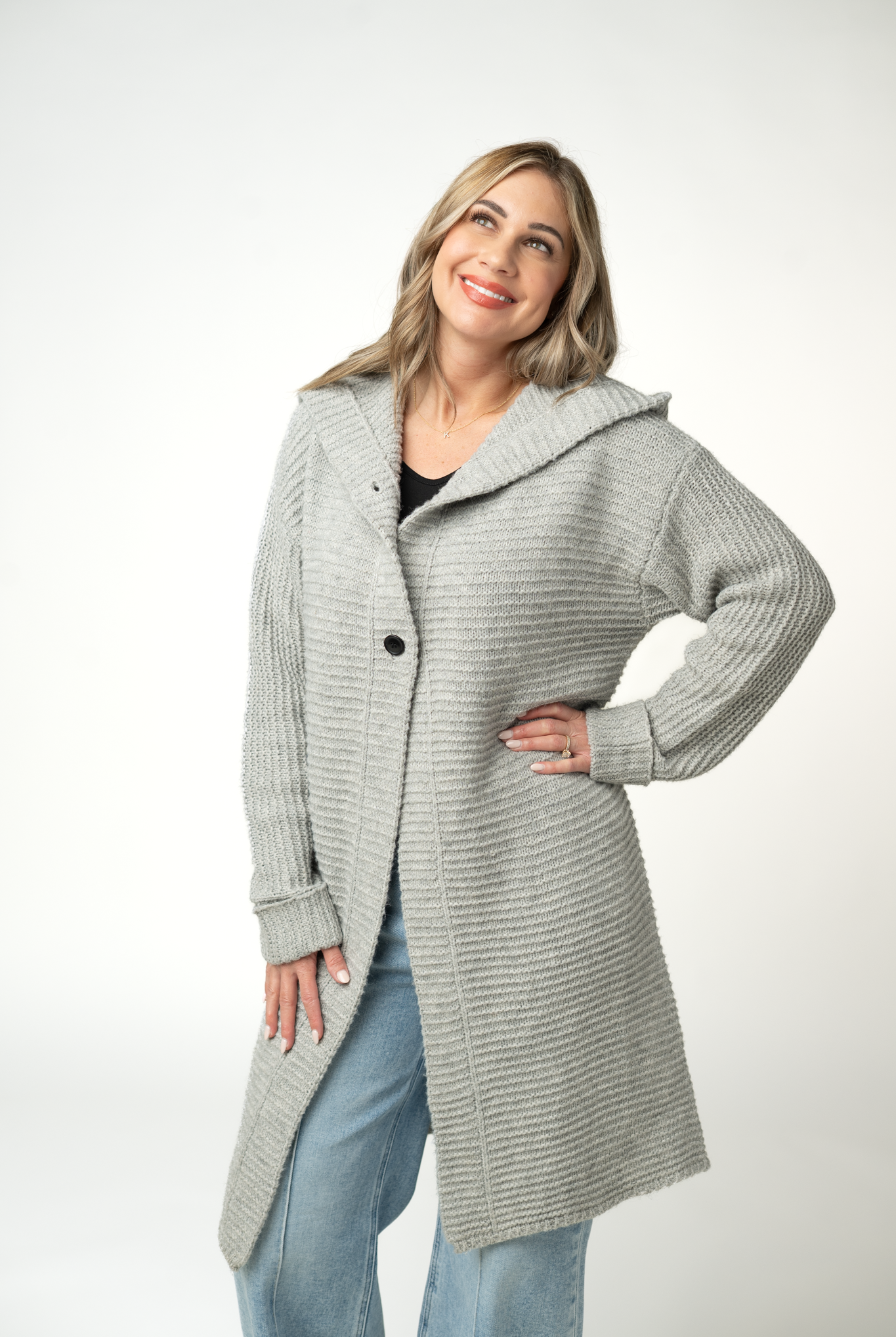 IN STOCK Lillian Long Hooded Cardigan - Grey-Cardigan-Dear Me Southern Boutique, located in DeRidder, Louisiana