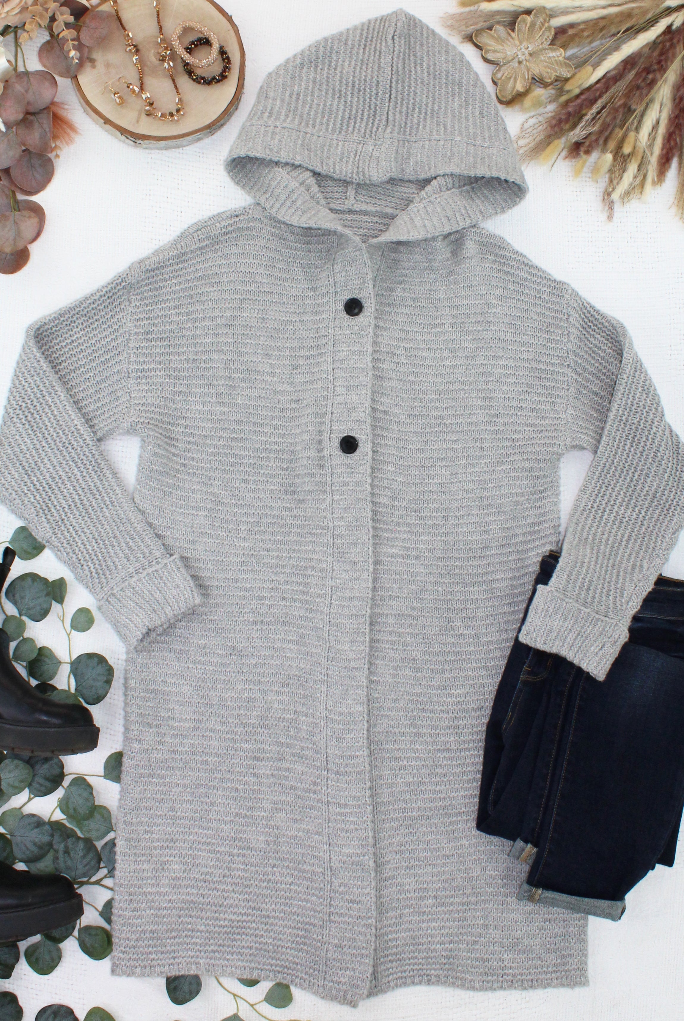 IN STOCK Lillian Long Hooded Cardigan - Grey-Cardigan-Dear Me Southern Boutique, located in DeRidder, Louisiana