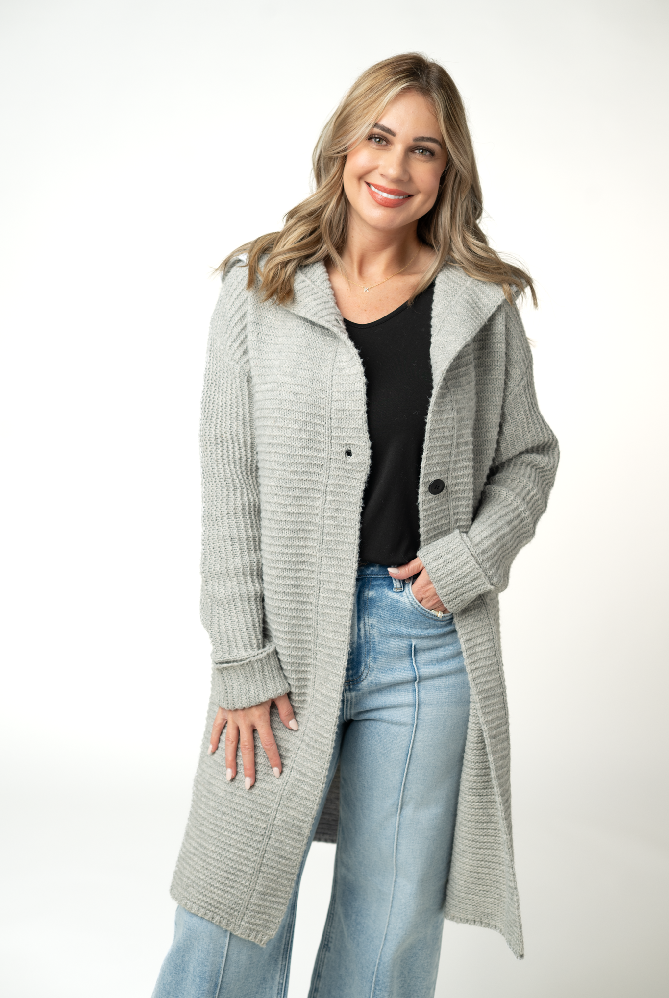 IN STOCK Lillian Long Hooded Cardigan - Grey-Cardigan-Dear Me Southern Boutique, located in DeRidder, Louisiana