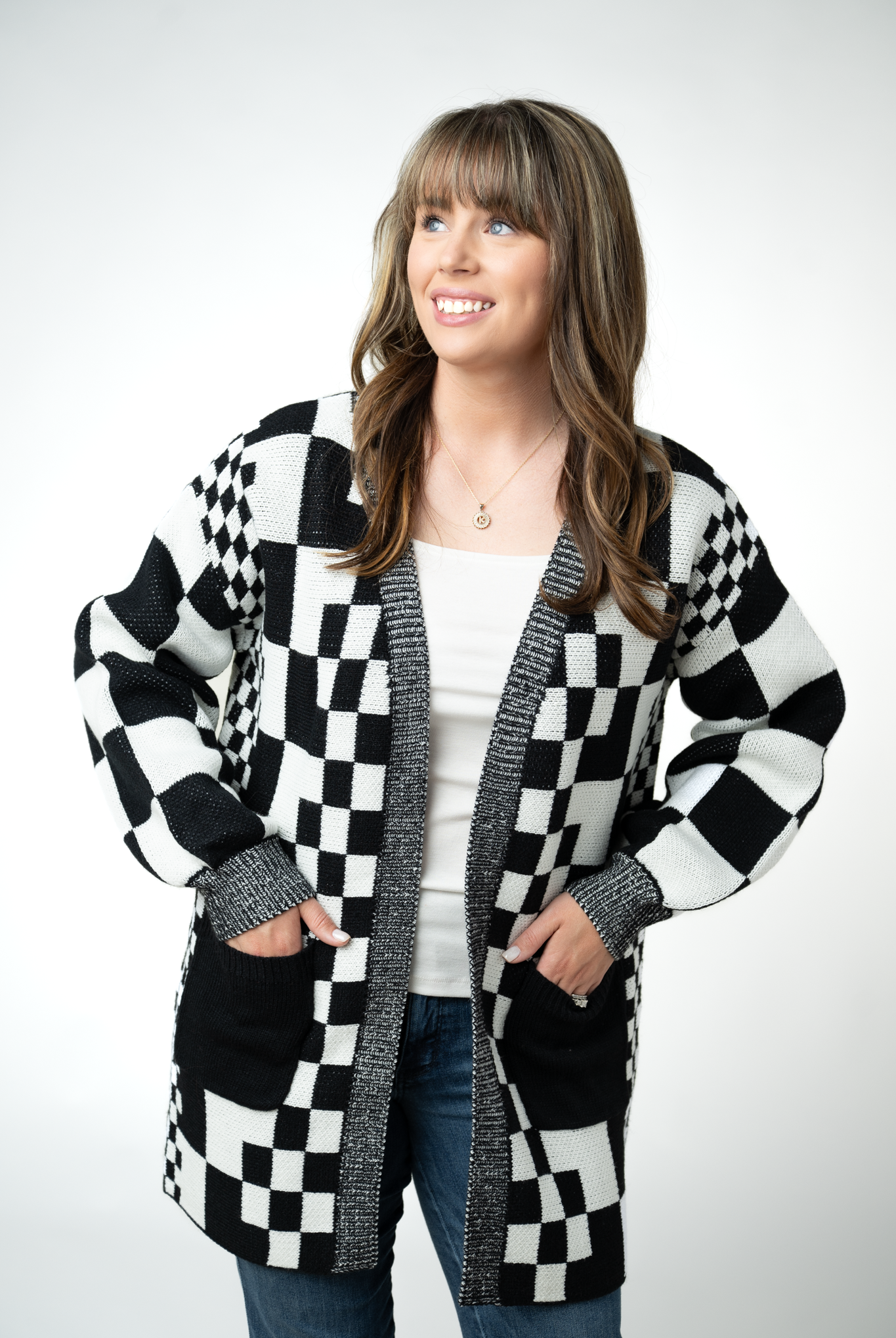 IN STOCK Long Checkered Pocket Cardigan - Black and White-Cardigan-Dear Me Southern Boutique, located in DeRidder, Louisiana