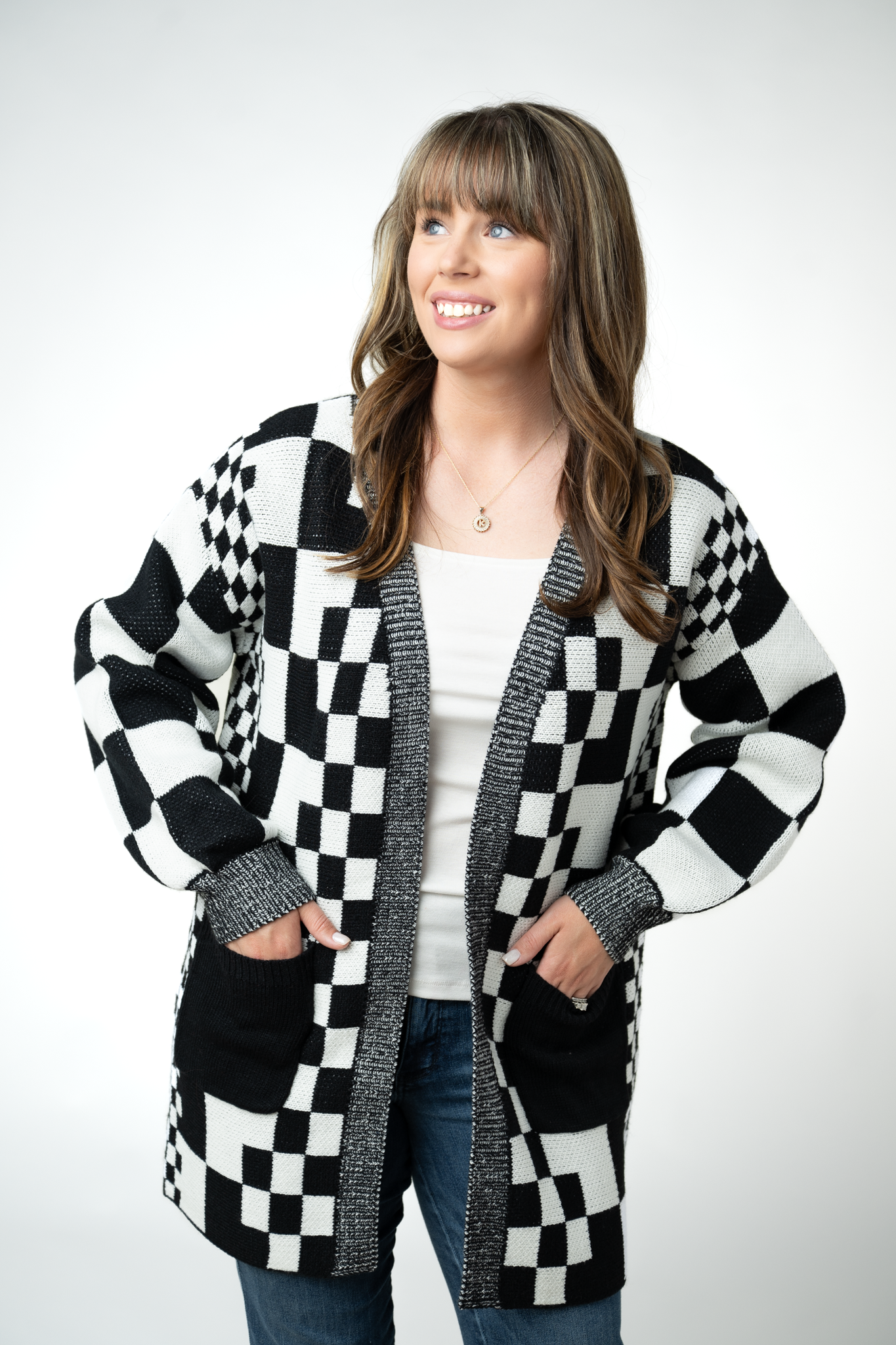 IN STOCK Long Checkered Pocket Cardigan - Black and White-Cardigan-Dear Me Southern Boutique, located in DeRidder, Louisiana