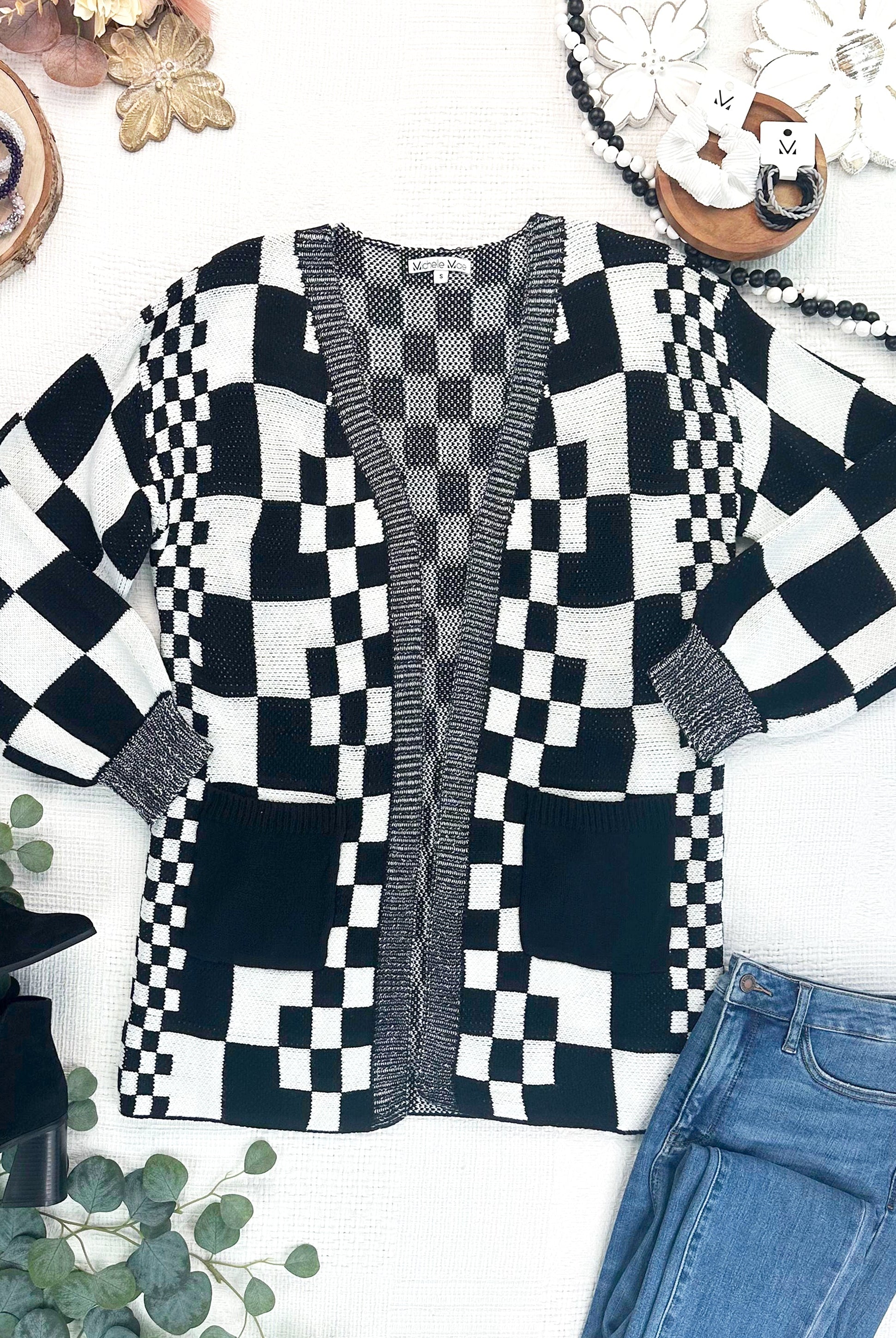 IN STOCK Long Checkered Pocket Cardigan - Black and White-Cardigan-Dear Me Southern Boutique, located in DeRidder, Louisiana