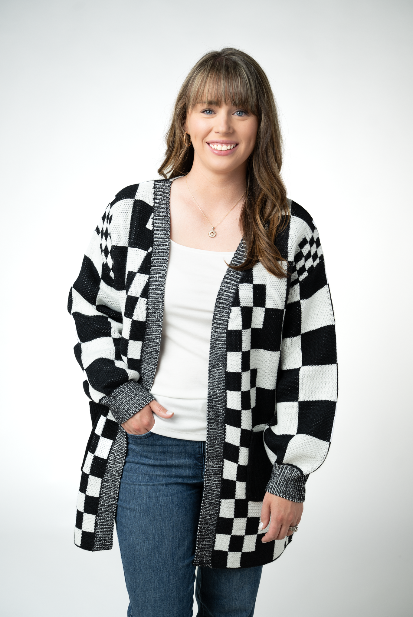 IN STOCK Long Checkered Pocket Cardigan - Black and White-Cardigan-Dear Me Southern Boutique, located in DeRidder, Louisiana