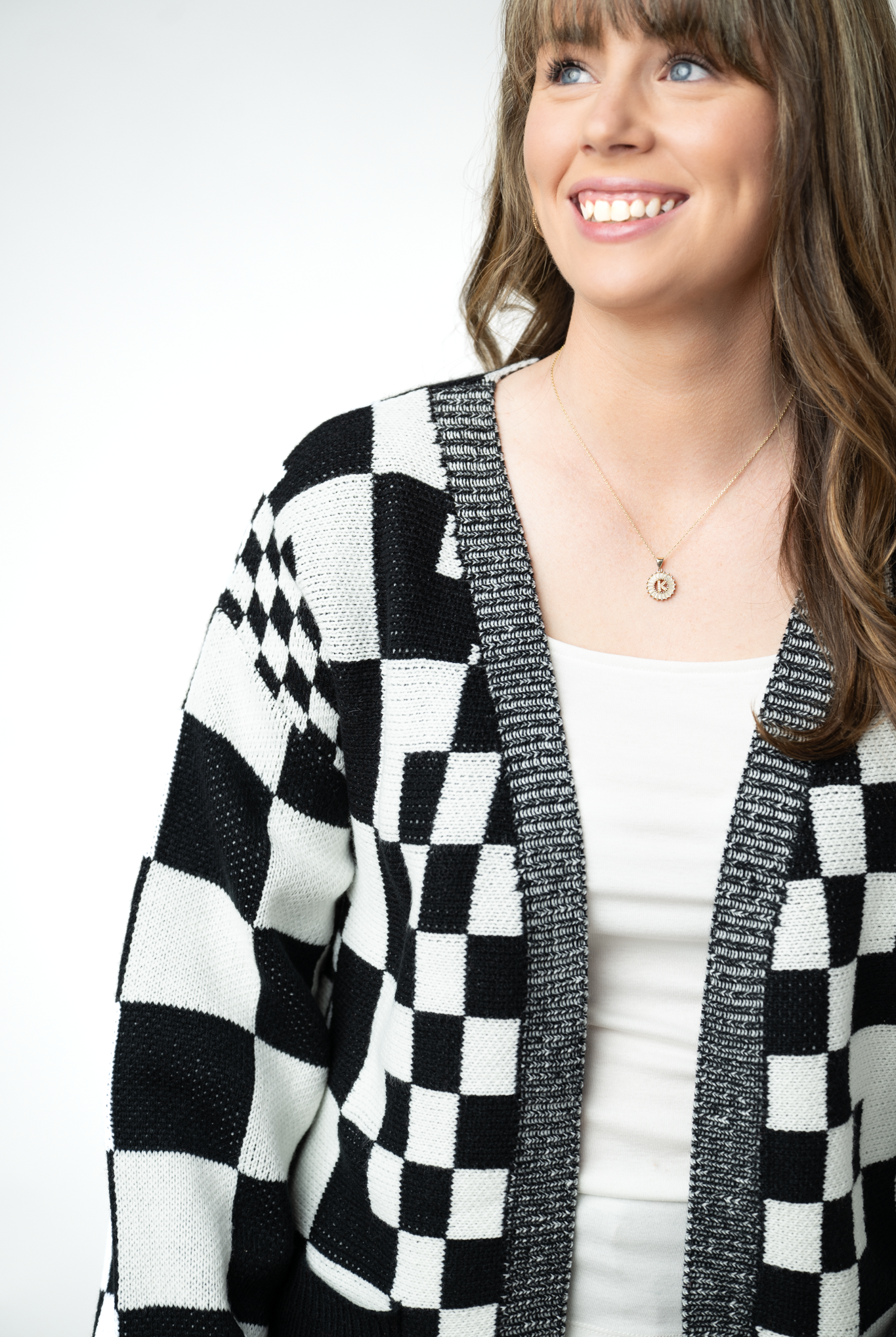 IN STOCK Long Checkered Pocket Cardigan - Black and White-Cardigan-Dear Me Southern Boutique, located in DeRidder, Louisiana