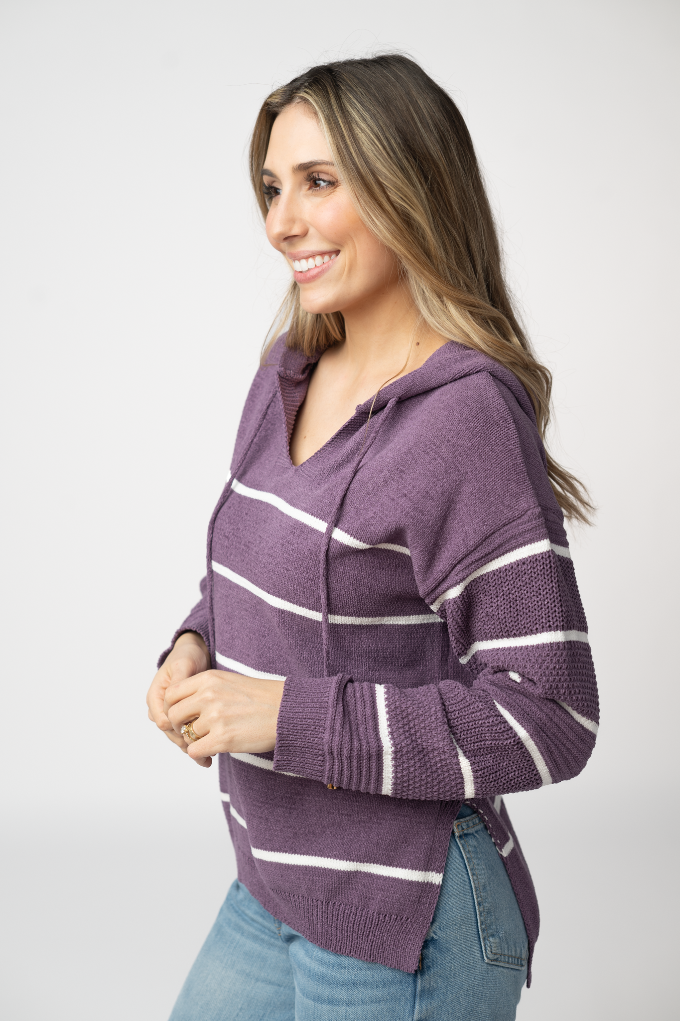 IN STOCK Maddie Striped Hoodie - Purple-sweater-Dear Me Southern Boutique, located in DeRidder, Louisiana
