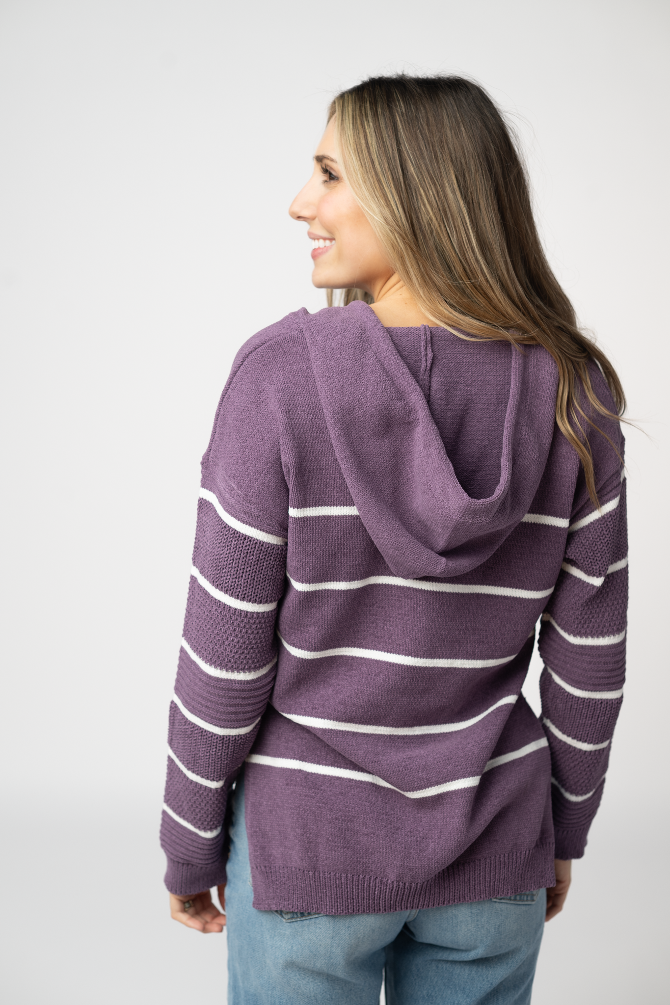 IN STOCK Maddie Striped Hoodie - Purple-sweater-Dear Me Southern Boutique, located in DeRidder, Louisiana